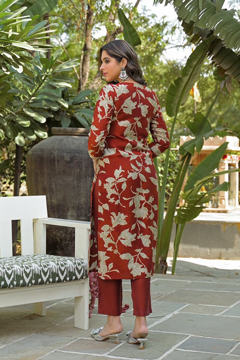 Brown Viscose Rayon Embroidered Straight Kurta Trousers With Dupatta | SHOBITAM