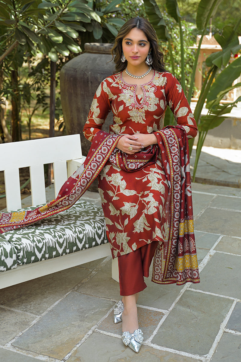 Brown Viscose Rayon Embroidered Straight Kurta Trousers With Dupatta | SHOBITAM