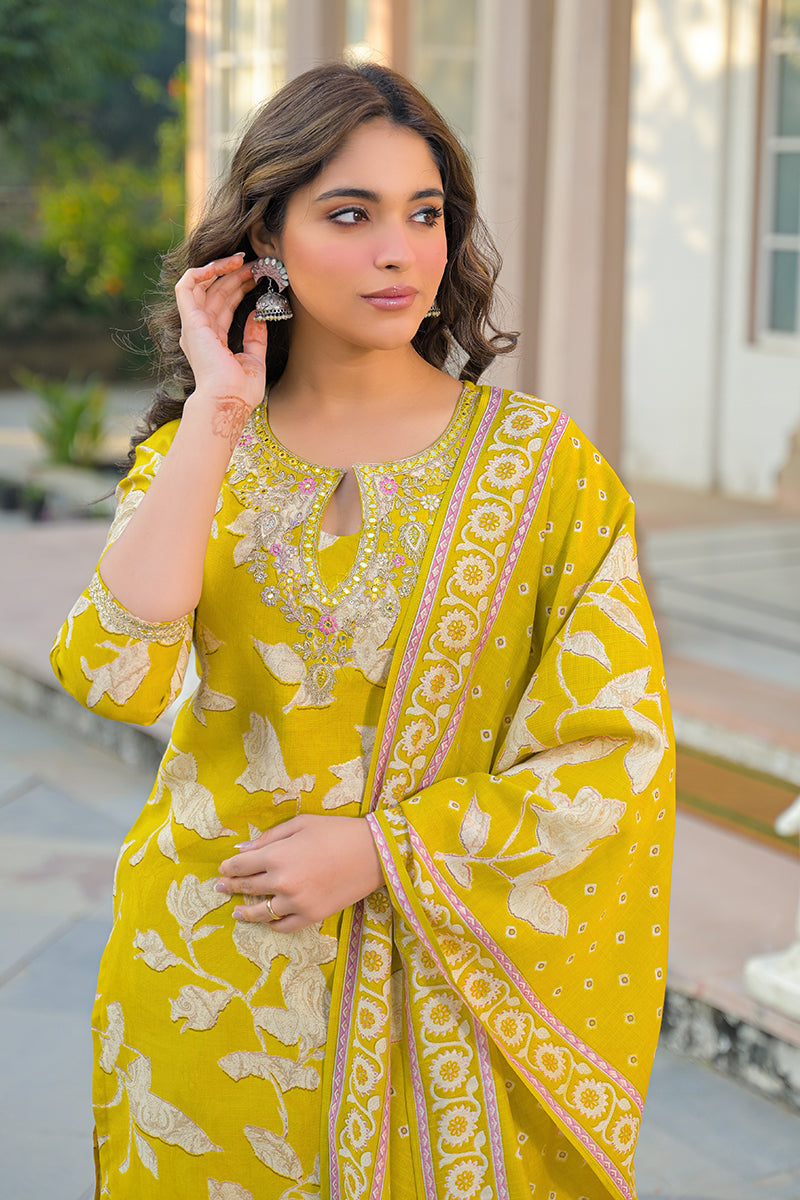 Yellow Viscose Rayon Floral Printed Straight Kurta Trousers With Dupatta | SHOBITAM