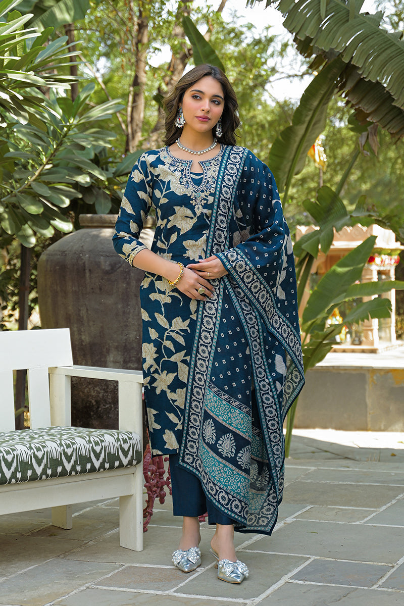 Navy Blue Viscose Rayon Floral Printed Straight Kurta Trousers With Dupatta | SHOBITAM