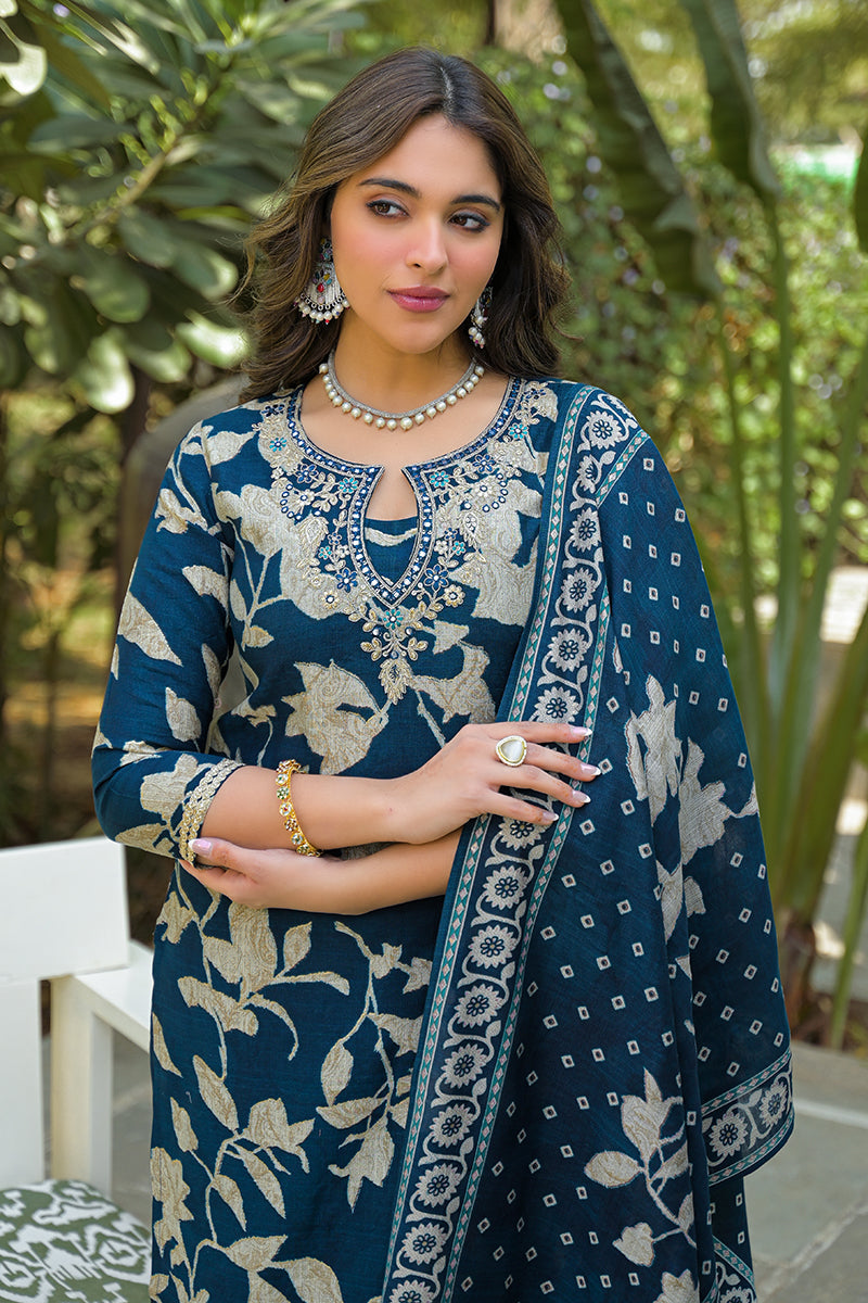 Navy Blue Viscose Rayon Floral Printed Straight Kurta Trousers With Dupatta | SHOBITAM
