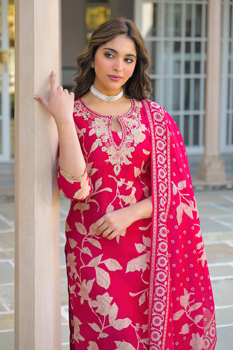 Red Viscose Rayon Embroidered Straight Kurta Trousers With Dupatta | SHOBITAM
