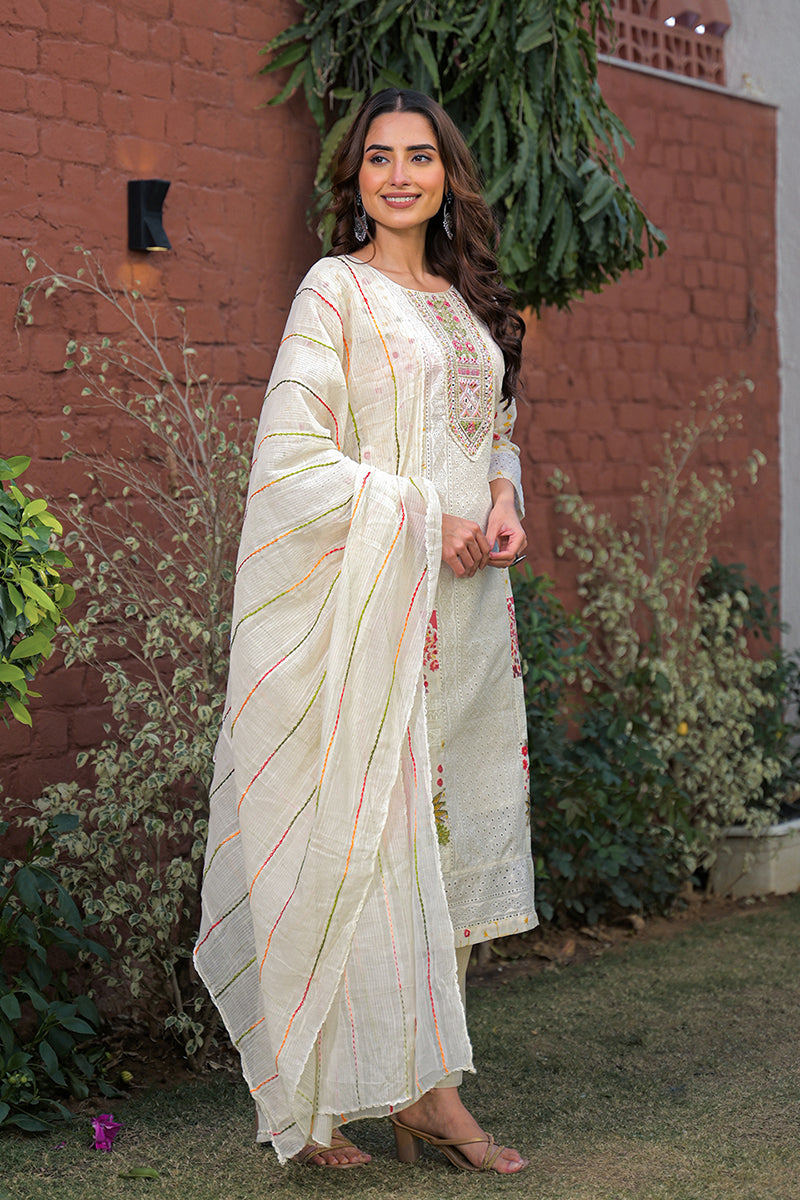Cream Pure Cotton Ethnic Motifs Printed Straight Kurta Trousers With Dupatta | SHOBITAM