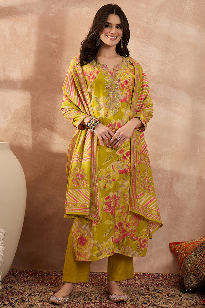 Yellow Polyester Floral Straight Kurta Trousers With Dupatta  | SHOBITAM