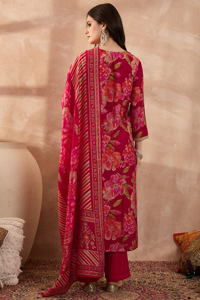 Pink Polyester Floral Printed Straight Kurta Trousers With Dupatta | SHOBITAM