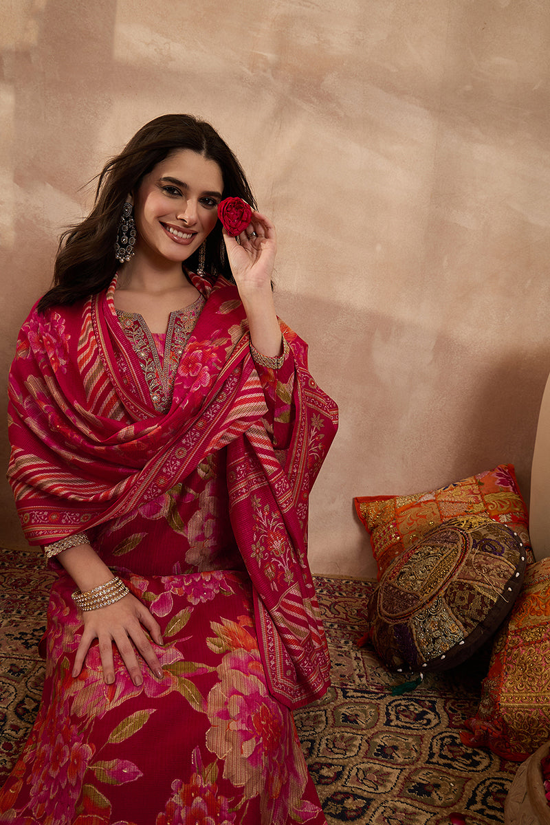 Pink Polyester Floral Printed Straight Kurta Trousers With Dupatta | SHOBITAM
