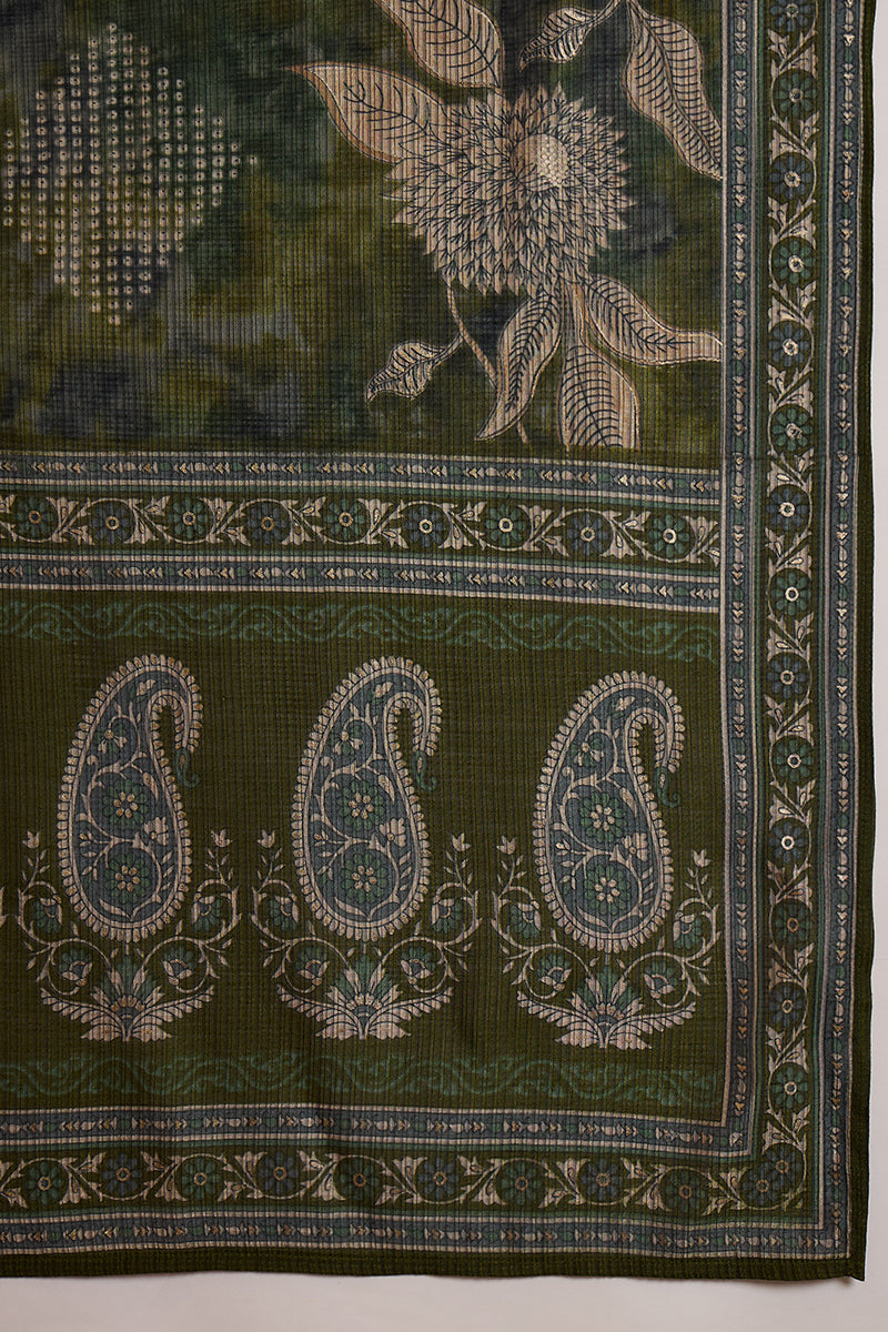 Green Polyester Floral Printed Straight Kurta Trousers With Dupatta | SHOBITAM