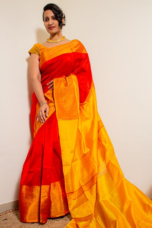 Divinity - Red Yellow Handwoven Silk Saree | SILK MARK CERTIFIED | Shobitam