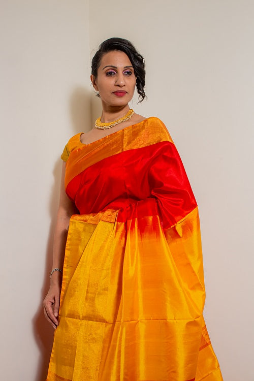 Divinity - Red Yellow Handwoven Silk Saree | SILK MARK CERTIFIED | Shobitam