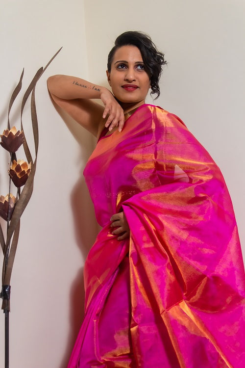 The Zari Sheen - Pink Handwoven Uppada Tissue Silk Saree | SILK MARK CERTIFIED | Shobitam