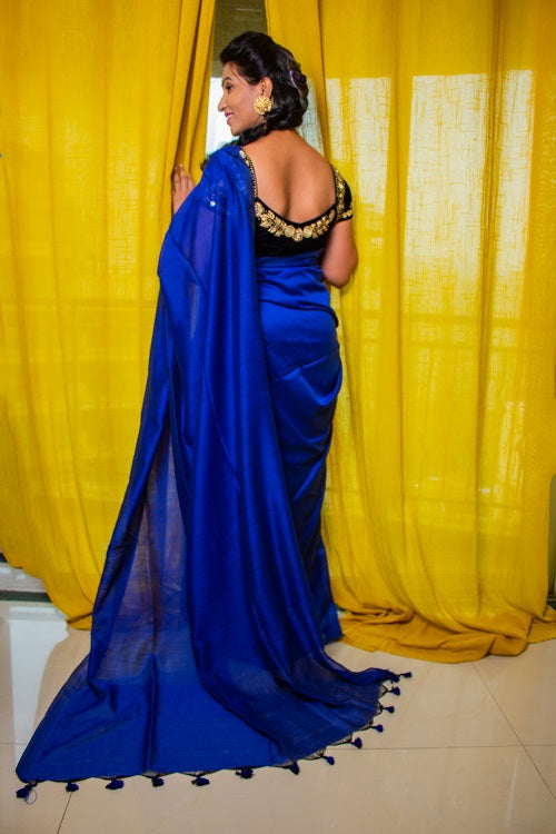 Morning Glory - Handloom Blue Cotton Saree- SHOBITAM