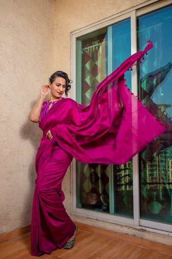 Aarya - Handloom Wine Colour Cotton Saree | shobitam