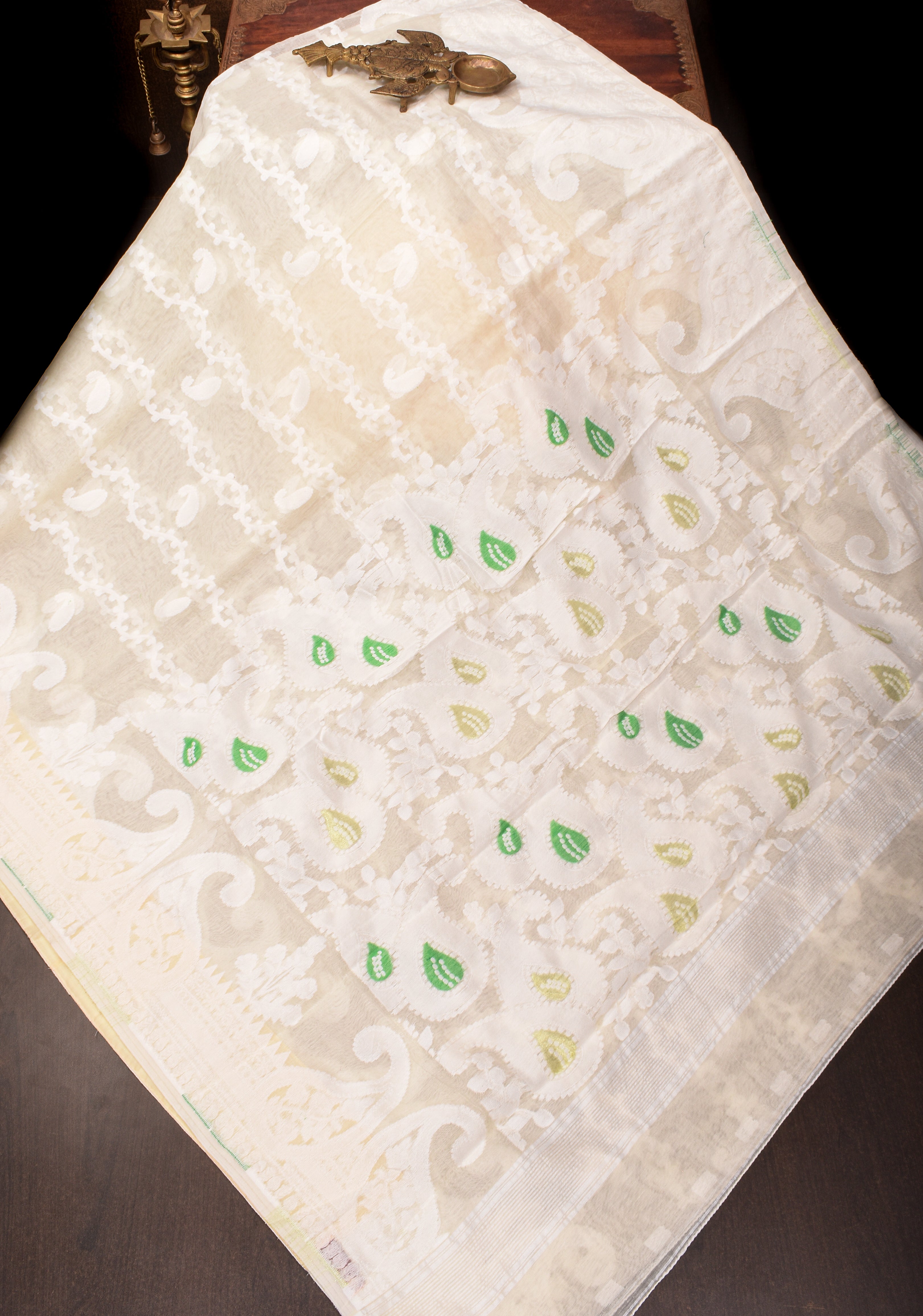 Cream Bengal Cotton saree with Jamdani style (No Blouse Piece) | Shobitam