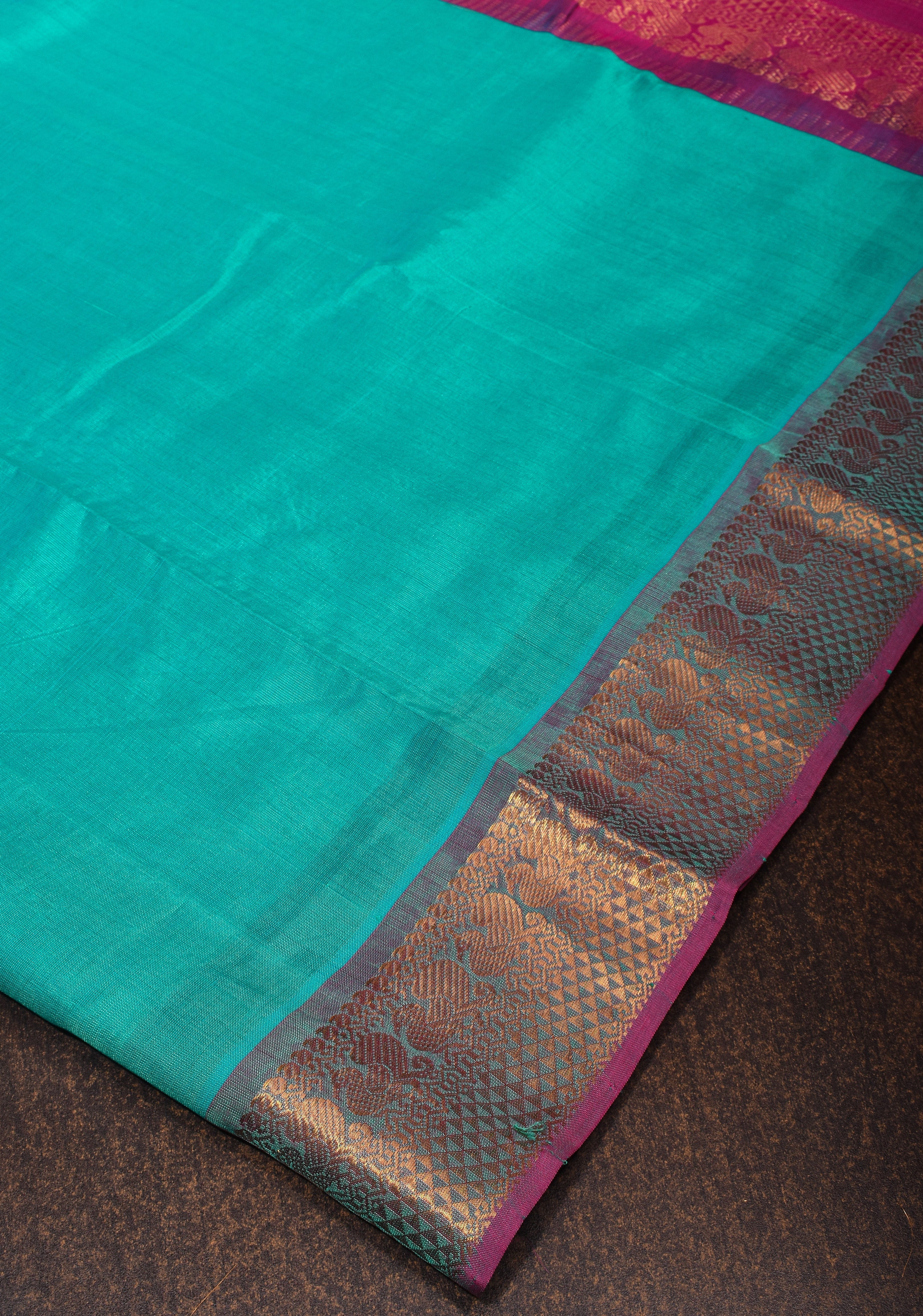 Authentic Kanchi Cotton Handwoven Saree in Cyan with Zari Border No Blouse Piece | Shobitam