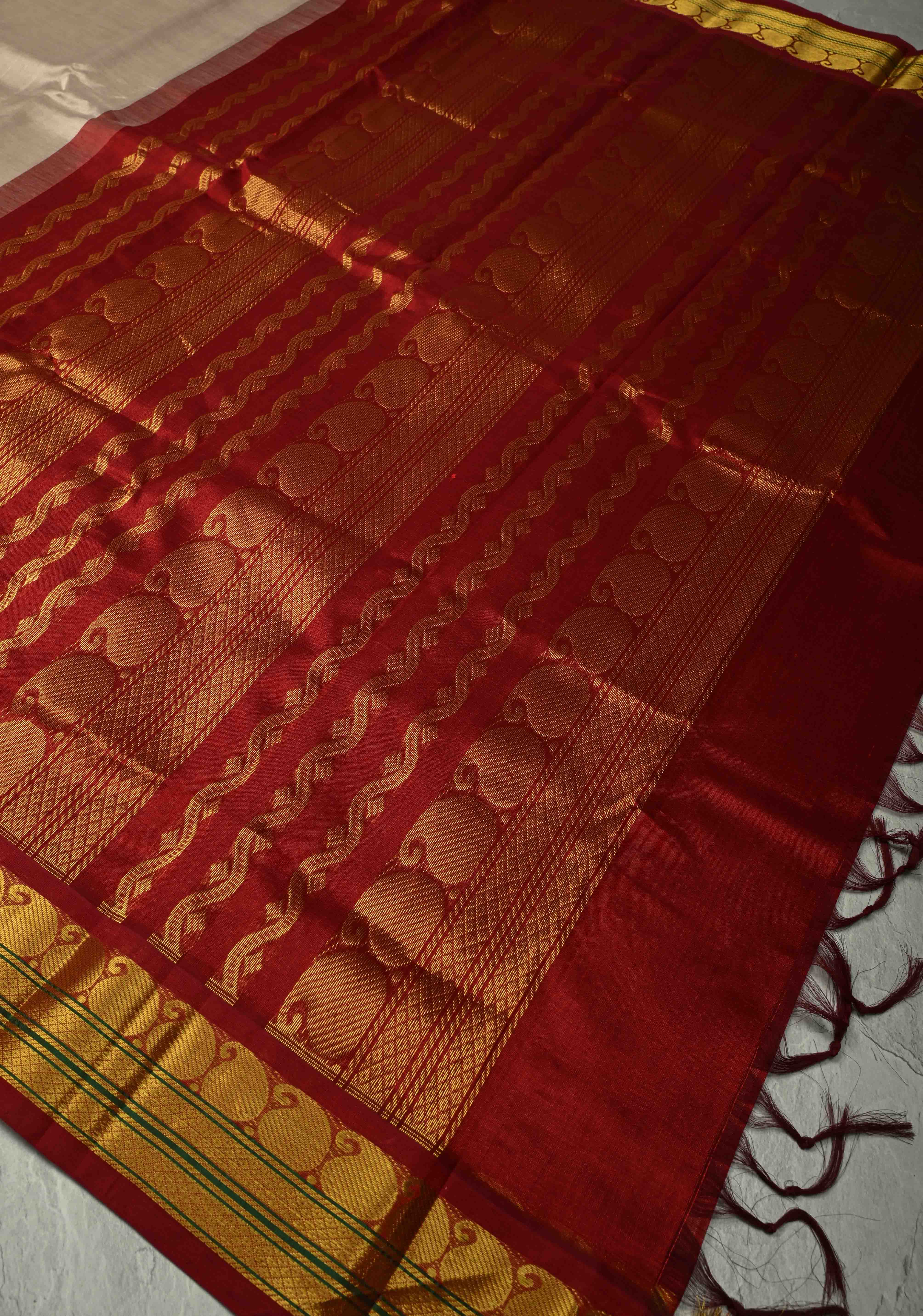 Beige Kanchi Silk Cotton 100% Handloom Saree with Contrast Zari Border | Shobitam