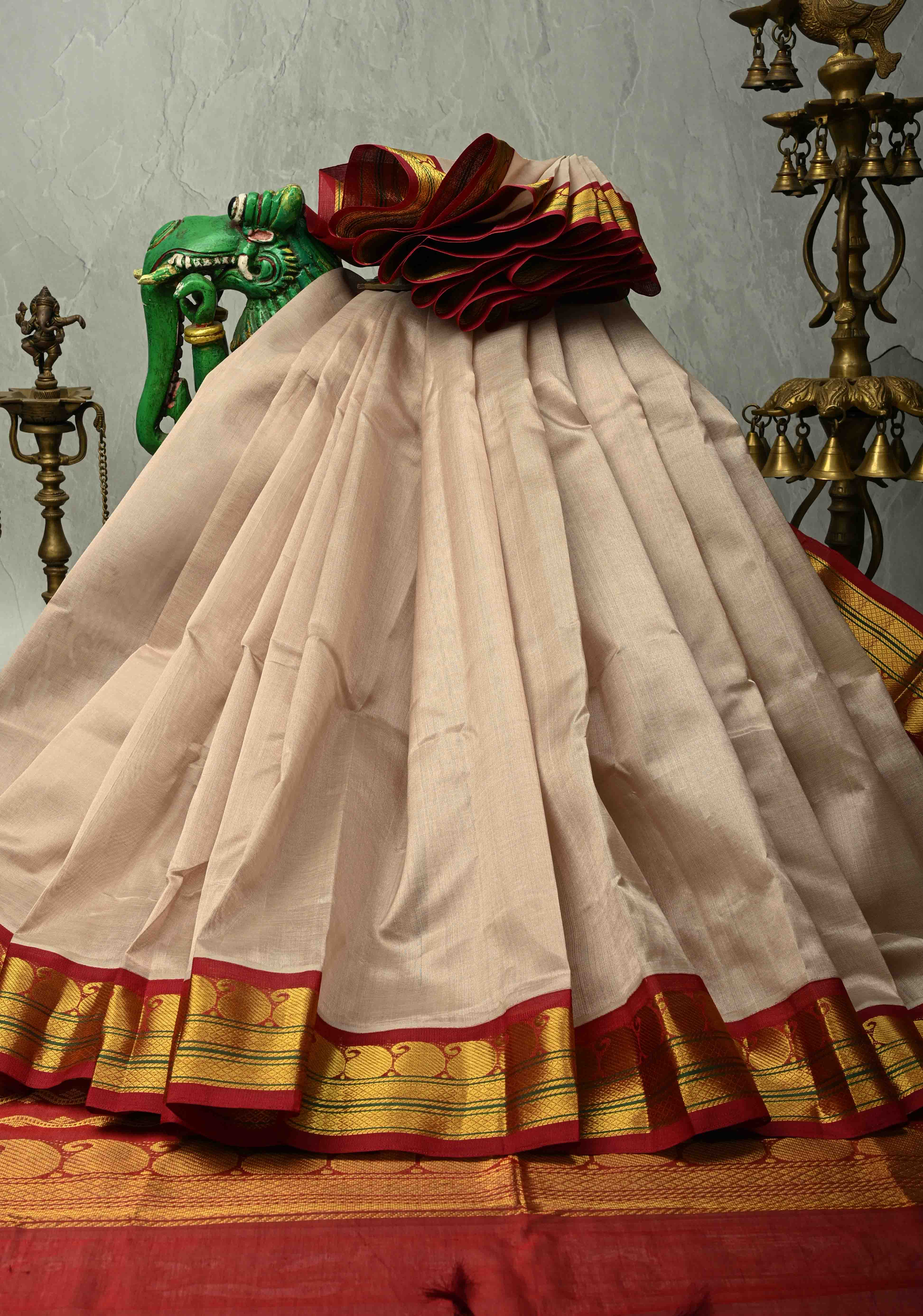 Beige Kanchi Silk Cotton 100% Handloom Saree with Contrast Zari Border | Shobitam