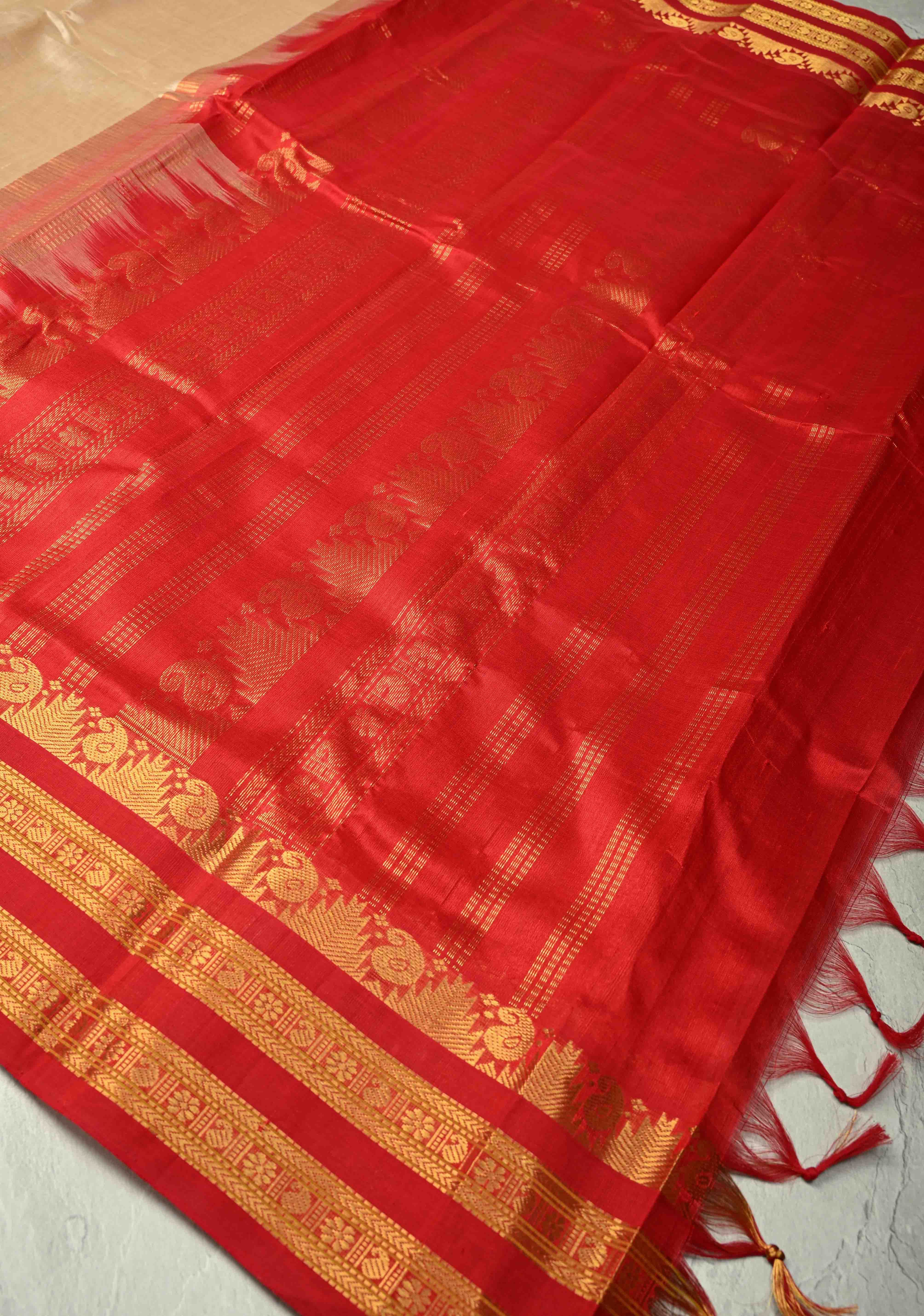 Dark Champagne Kanchi Silk Cotton 100% Handloom Saree with Contrast Zari Border | Shobitam