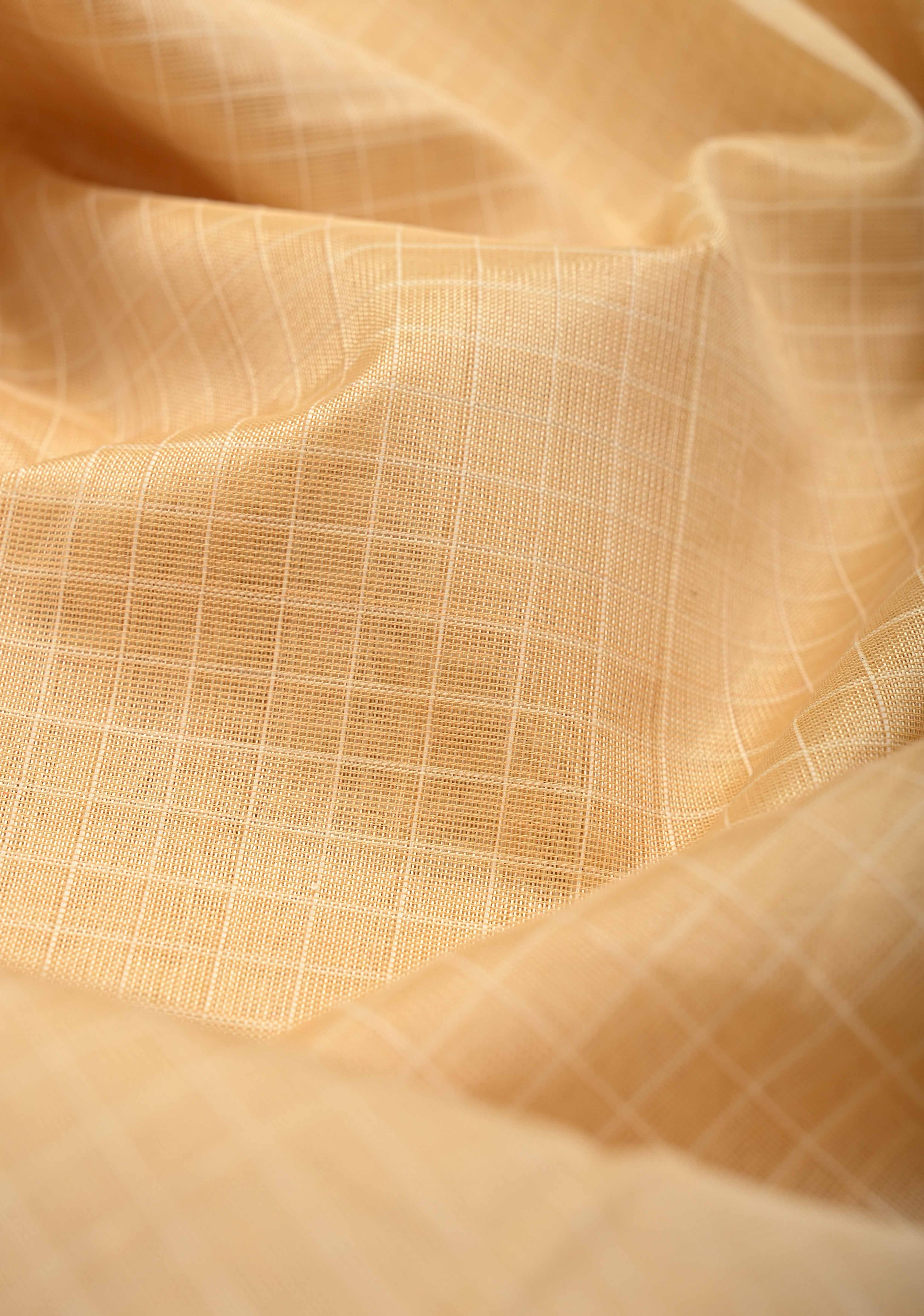 Sandalwood Self Checks on Kanchi Silk Cotton Handloom Saree with Zari Buttas and Checks on Contrast Zari Border | Shobitam