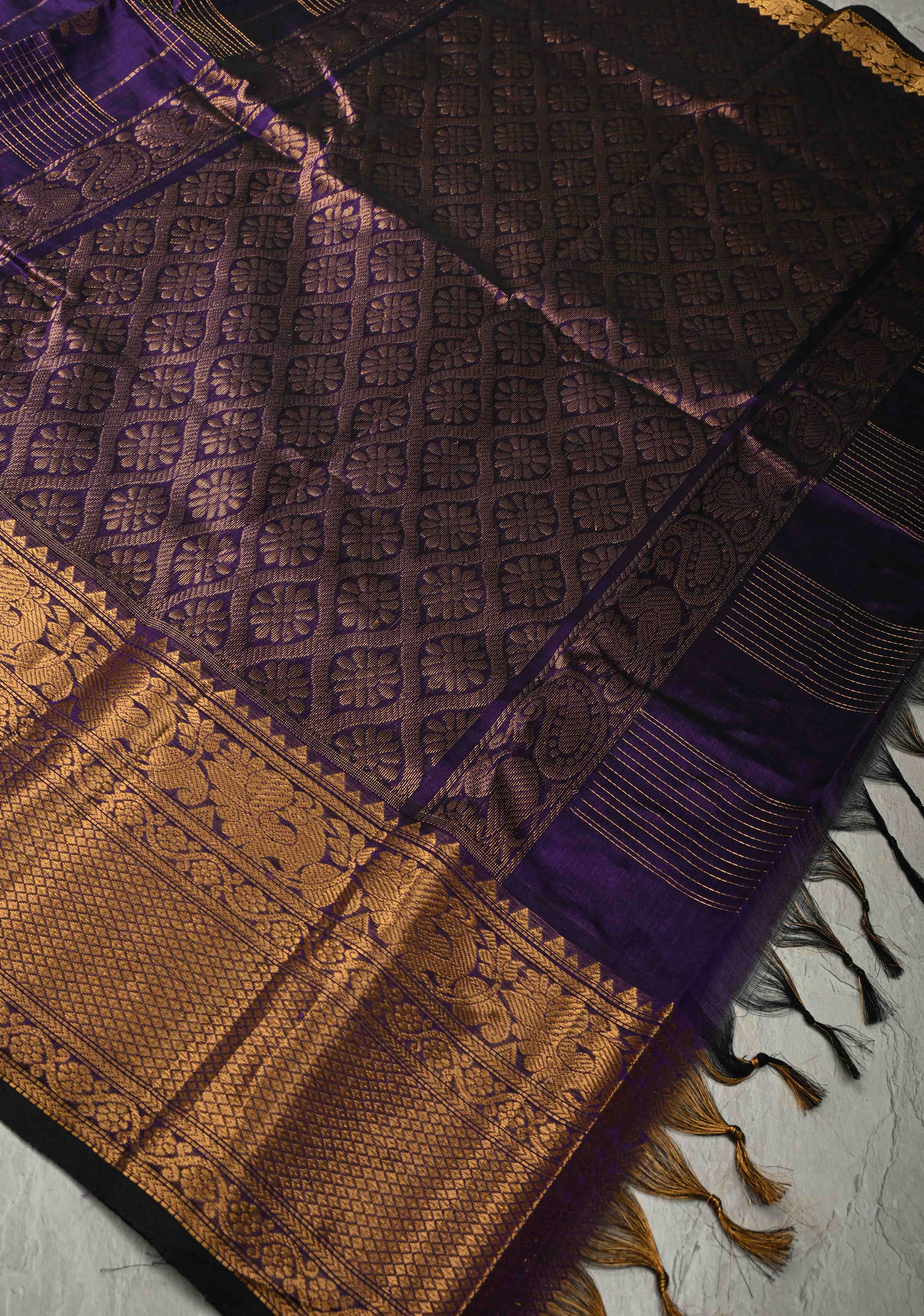 Aubergine Zari Checks on Kanchi Silk Cotton Handloom Saree with Zari Buttas and Temple Wide Zari Border | Shobitam