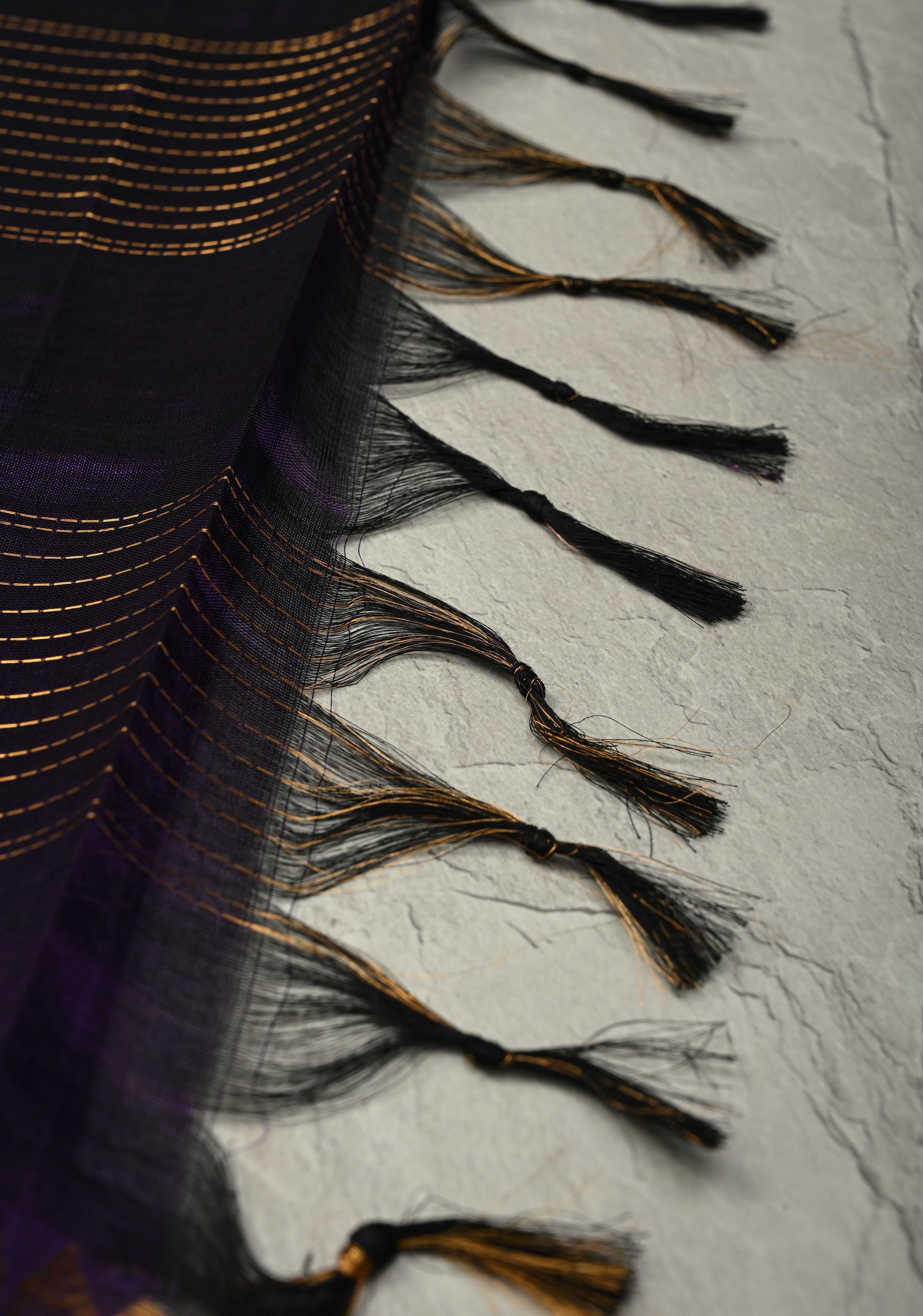 Aubergine Zari Checks on Kanchi Silk Cotton Handloom Saree with Zari Buttas and Temple Wide Zari Border | Shobitam