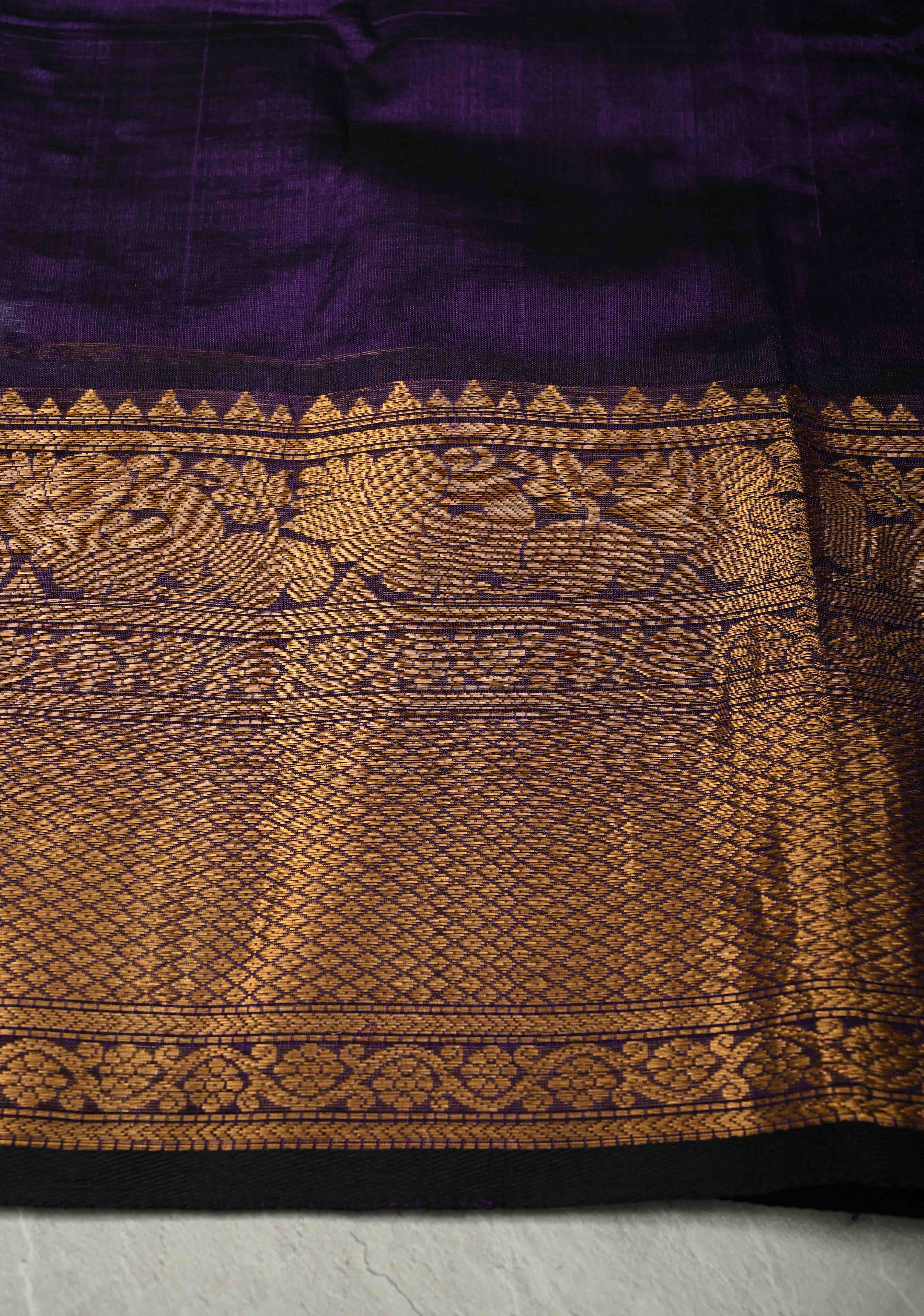 Aubergine Zari Checks on Kanchi Silk Cotton Handloom Saree with Zari Buttas and Temple Wide Zari Border | Shobitam