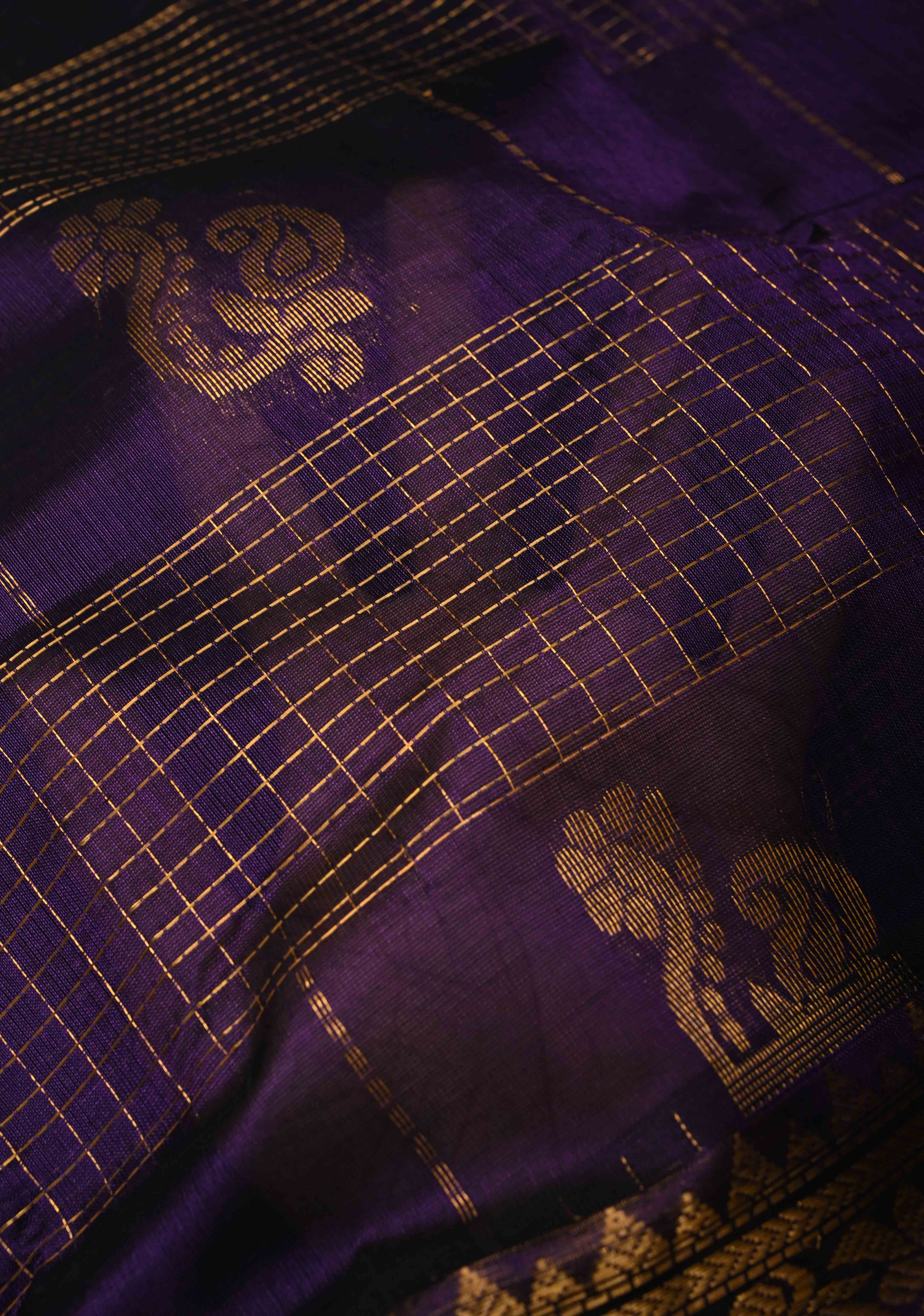 Aubergine Zari Checks on Kanchi Silk Cotton Handloom Saree with Zari Buttas and Temple Wide Zari Border | Shobitam