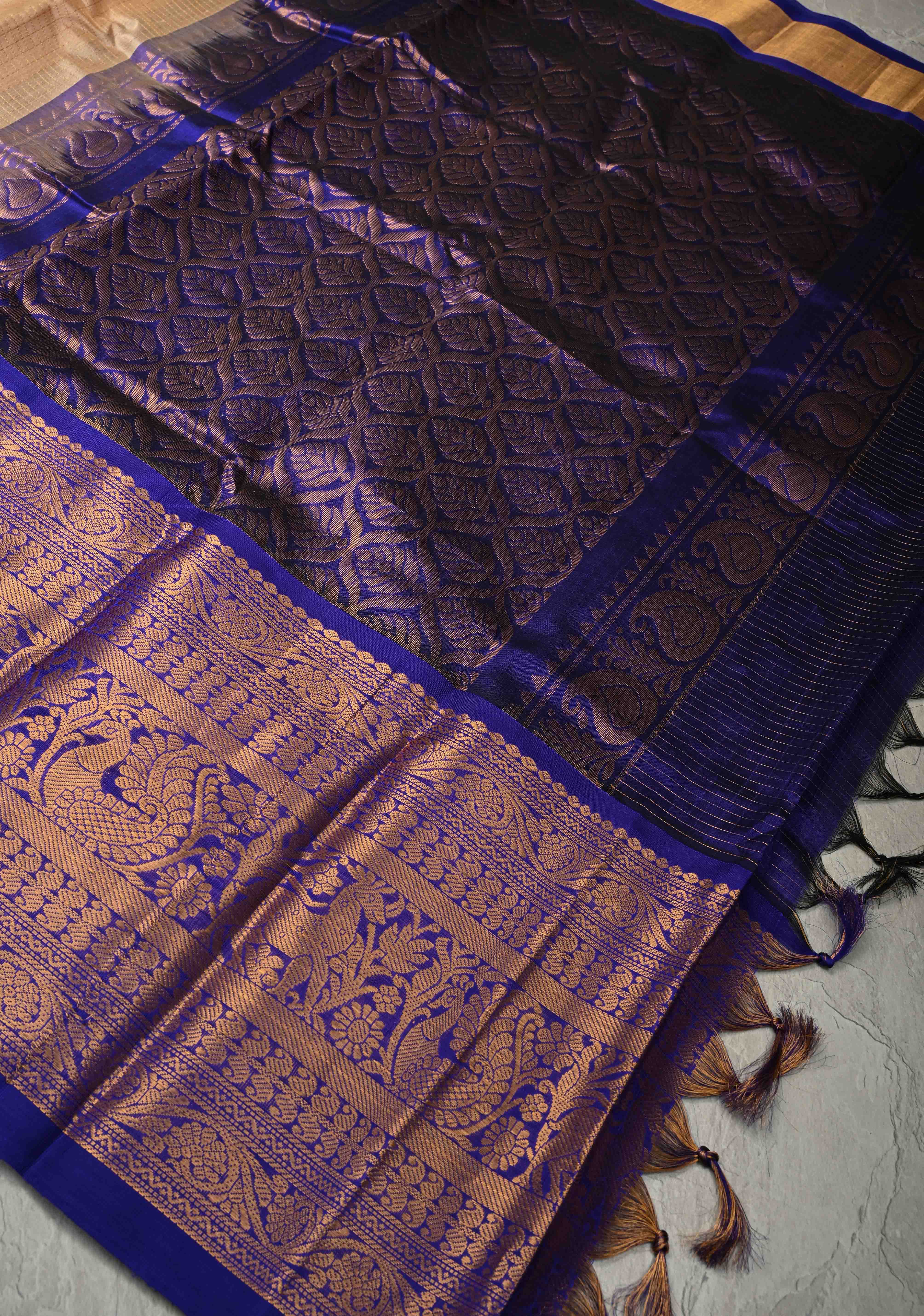 Ivory Zari Checks on Korvai Kanchi Silk Cotton Handloom Saree with Floral Zari Buttas and Contrast Wide Zari Border | Shobitam