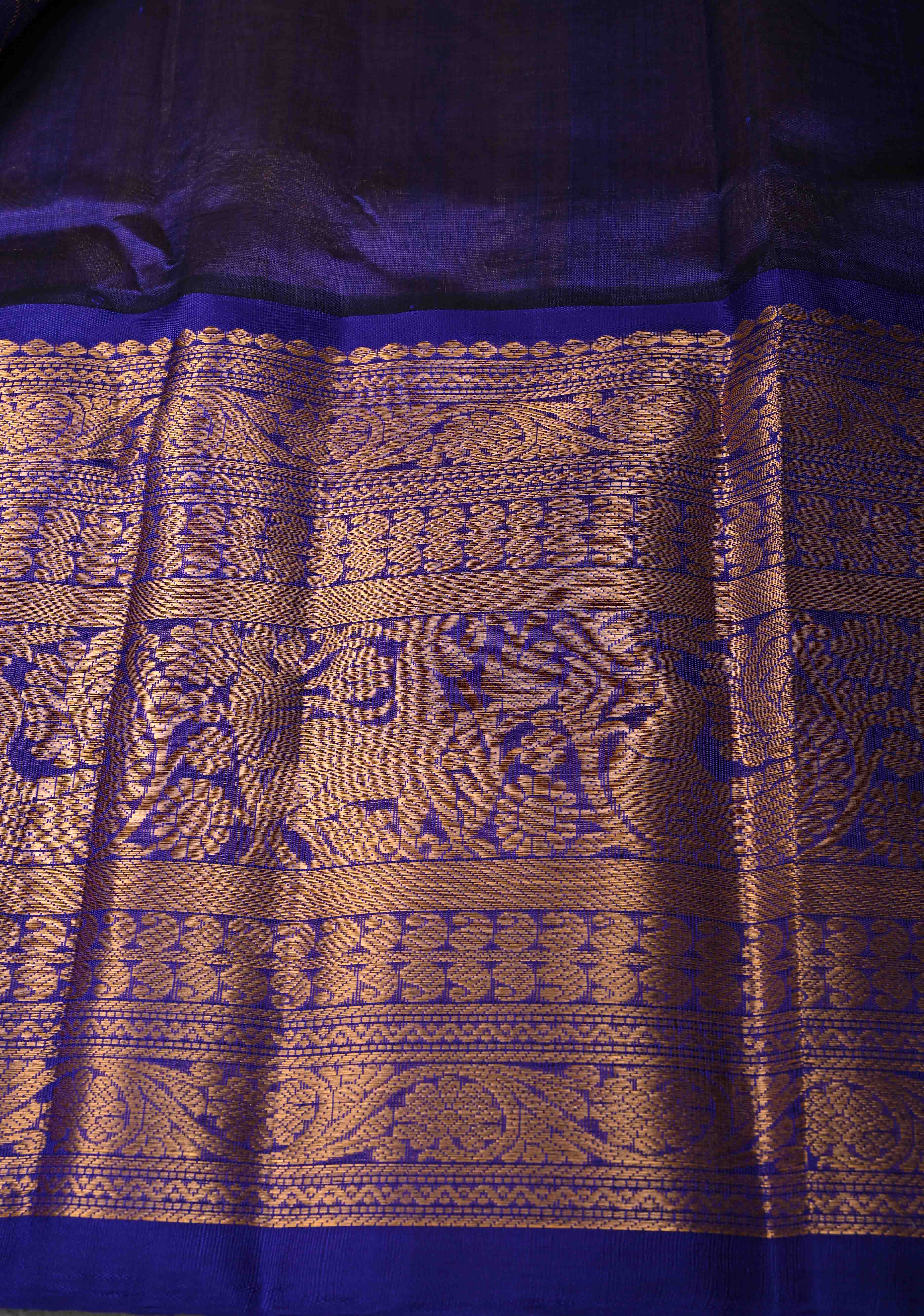 Ivory Zari Checks on Korvai Kanchi Silk Cotton Handloom Saree with Floral Zari Buttas and Contrast Wide Zari Border | Shobitam