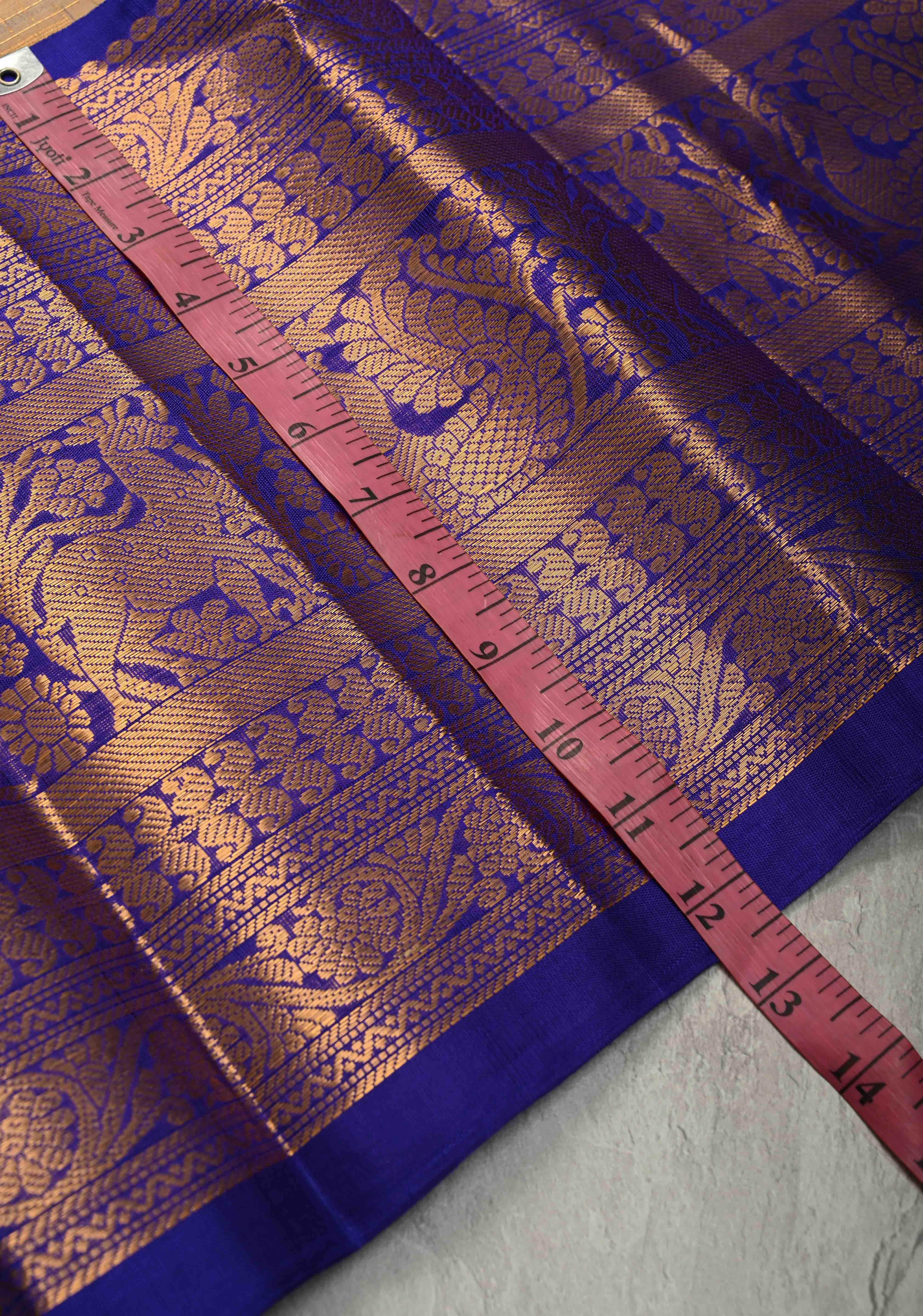Ivory Zari Checks on Korvai Kanchi Silk Cotton Handloom Saree with Floral Zari Buttas and Contrast Wide Zari Border | Shobitam