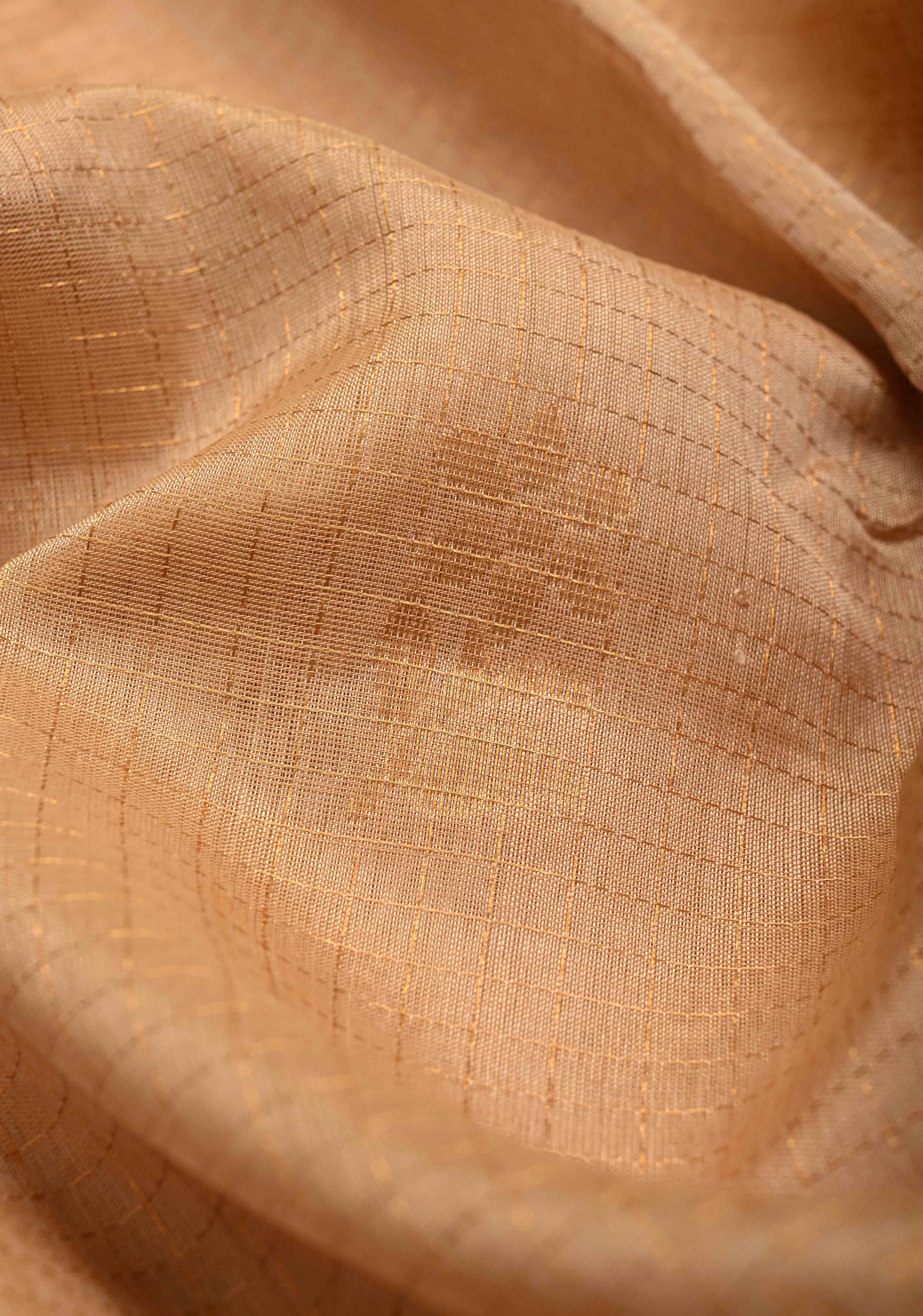 Ivory Zari Checks on Korvai Kanchi Silk Cotton Handloom Saree with Floral Zari Buttas and Contrast Wide Zari Border | Shobitam
