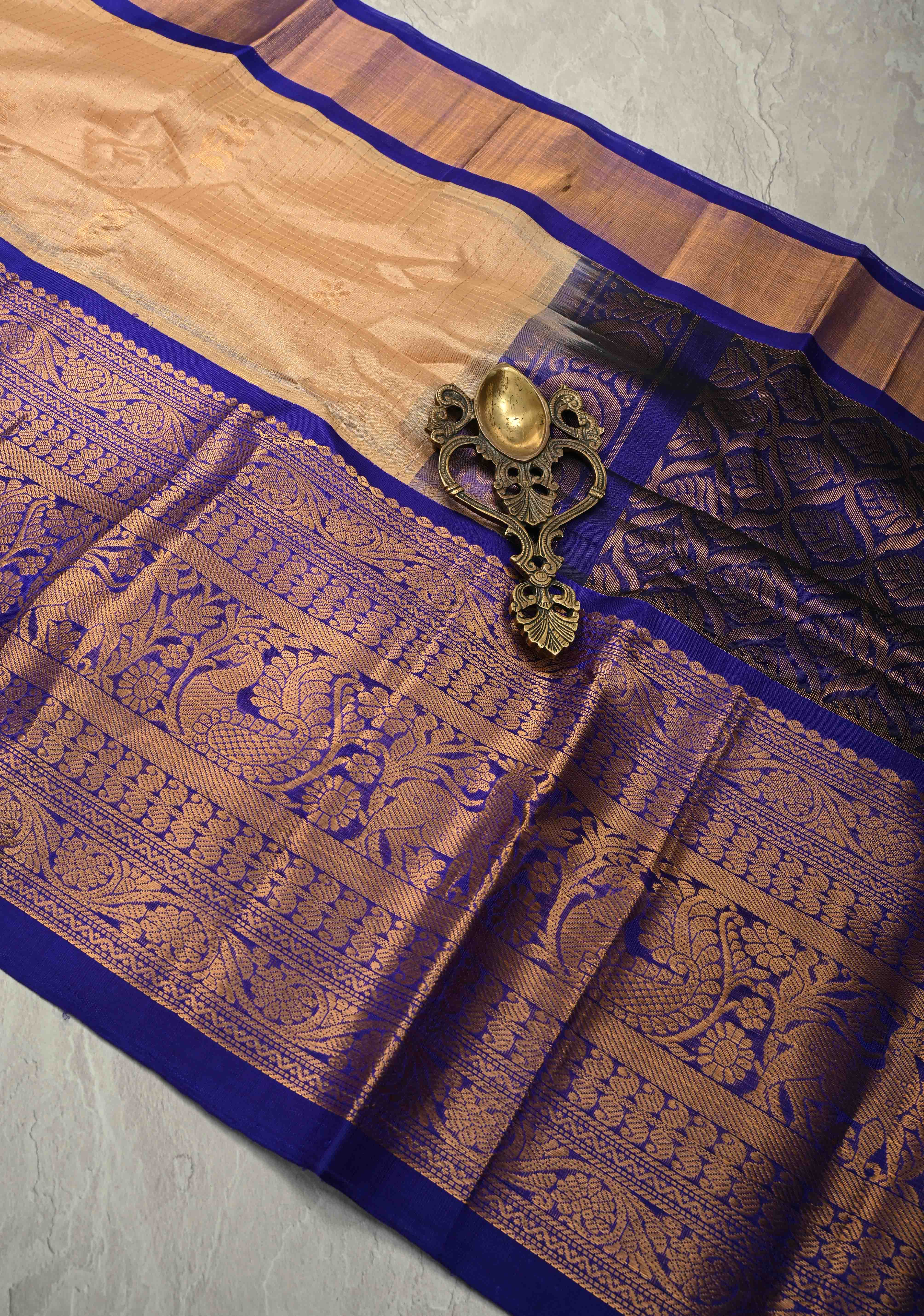 Ivory Zari Checks on Korvai Kanchi Silk Cotton Handloom Saree with Floral Zari Buttas and Contrast Wide Zari Border | Shobitam