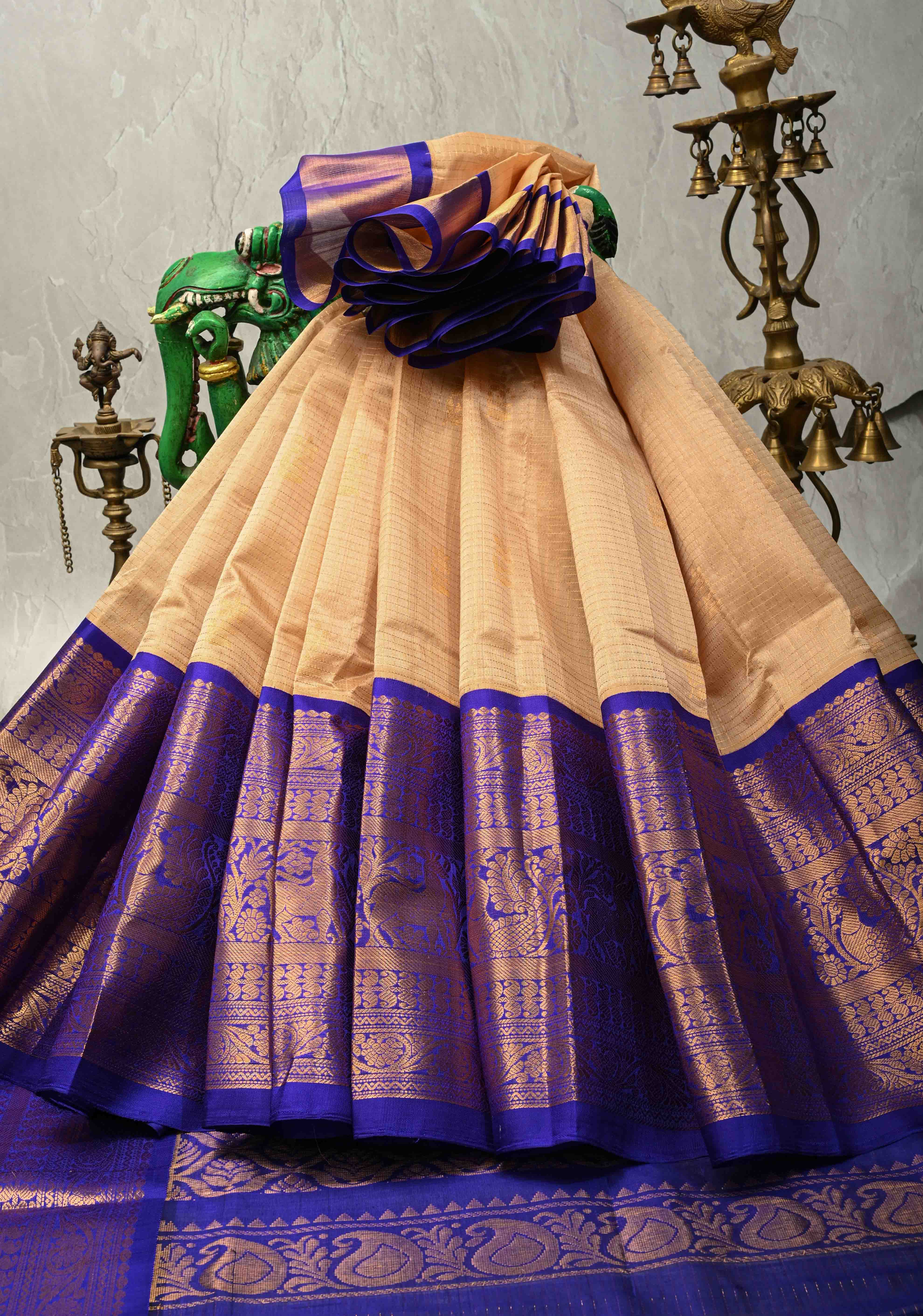 Ivory Zari Checks on Korvai Kanchi Silk Cotton Handloom Saree with Floral Zari Buttas and Contrast Wide Zari Border | Shobitam