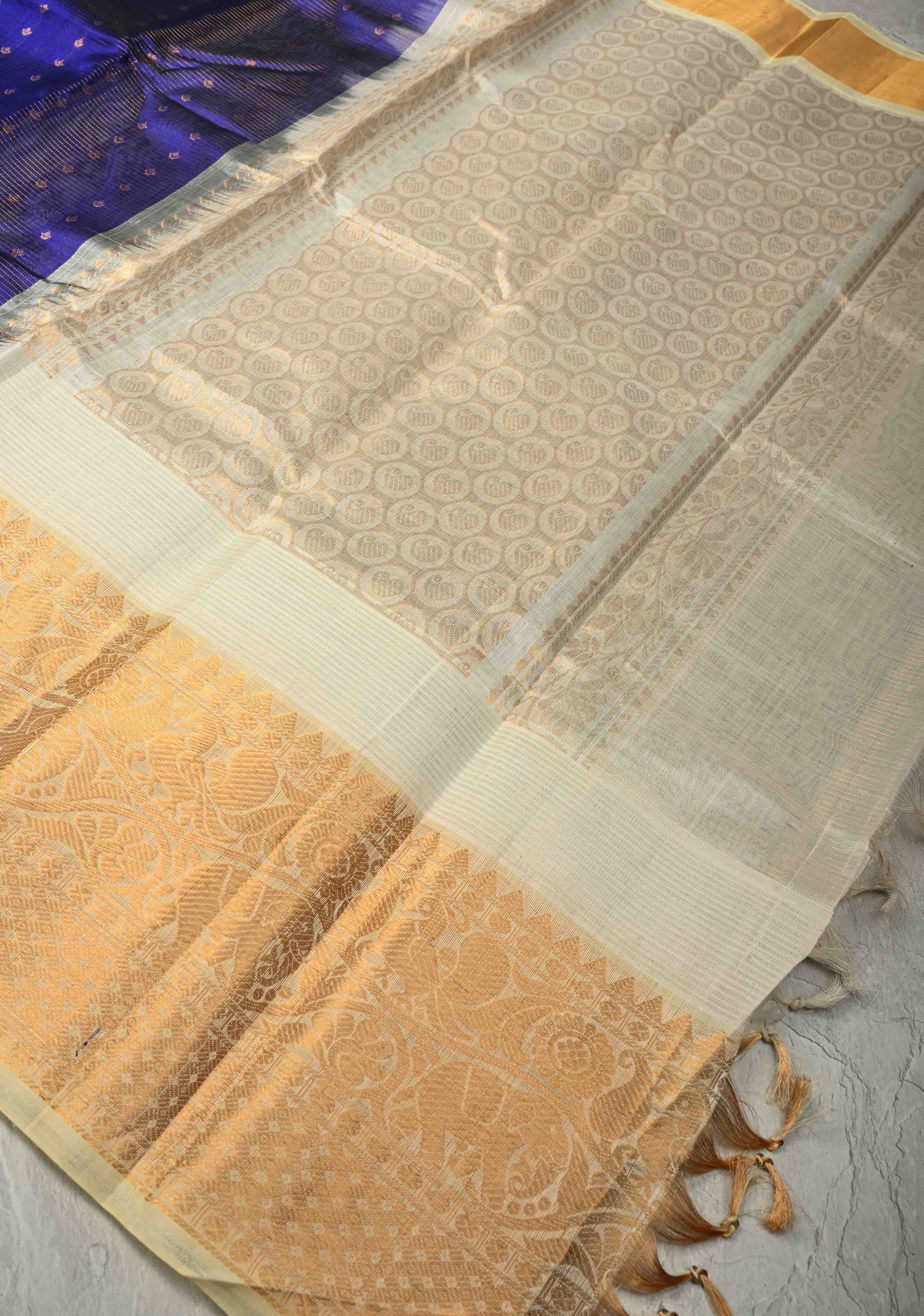 Royal Blue Vairaoosi Zari Stripes on Kanchi Silk Cotton Handloom Saree with Zari Buttis and Skirt Contrast Temple Zari Border | Shobitam