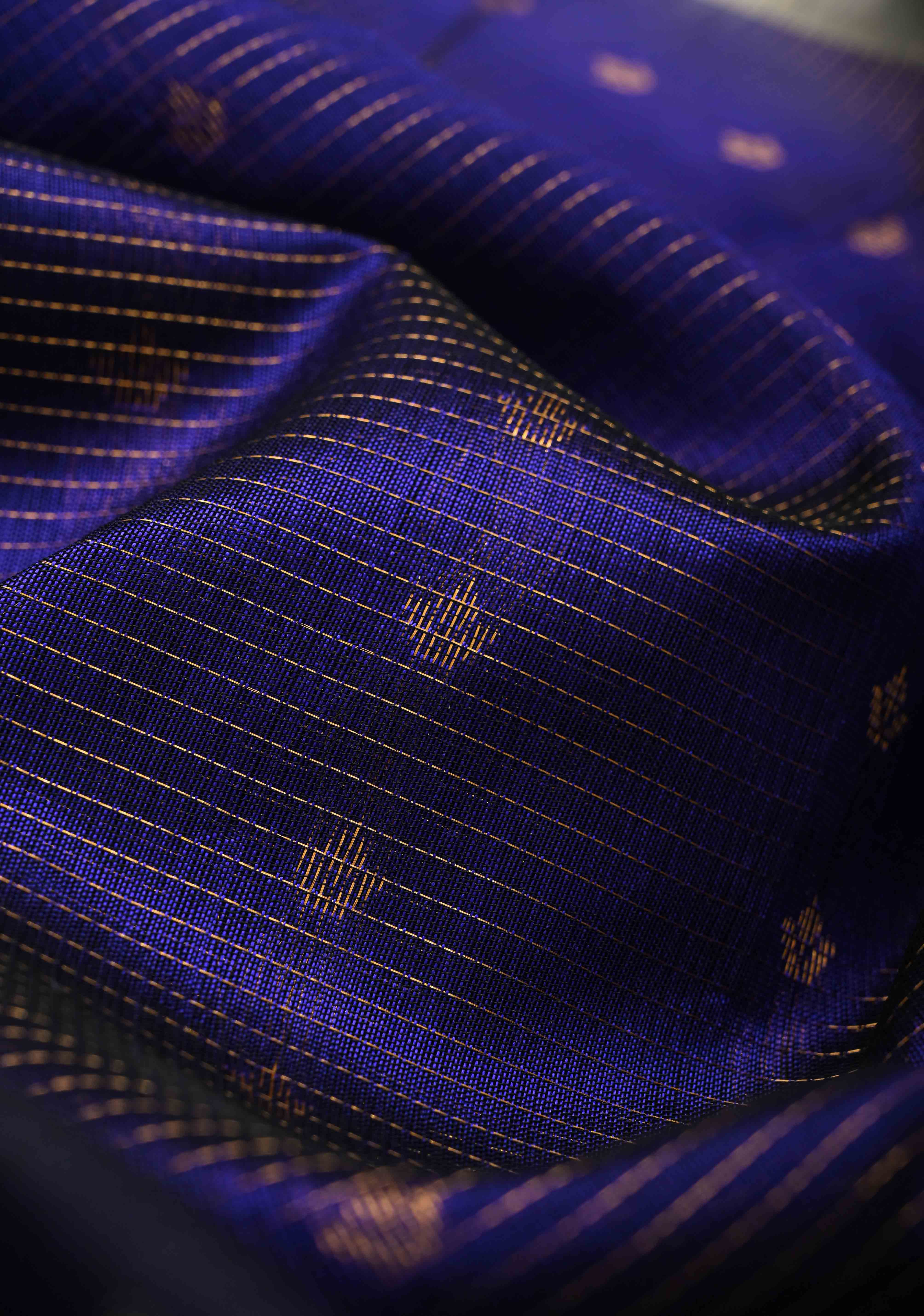 Royal Blue Vairaoosi Zari Stripes on Kanchi Silk Cotton Handloom Saree with Zari Buttis and Skirt Contrast Temple Zari Border | Shobitam