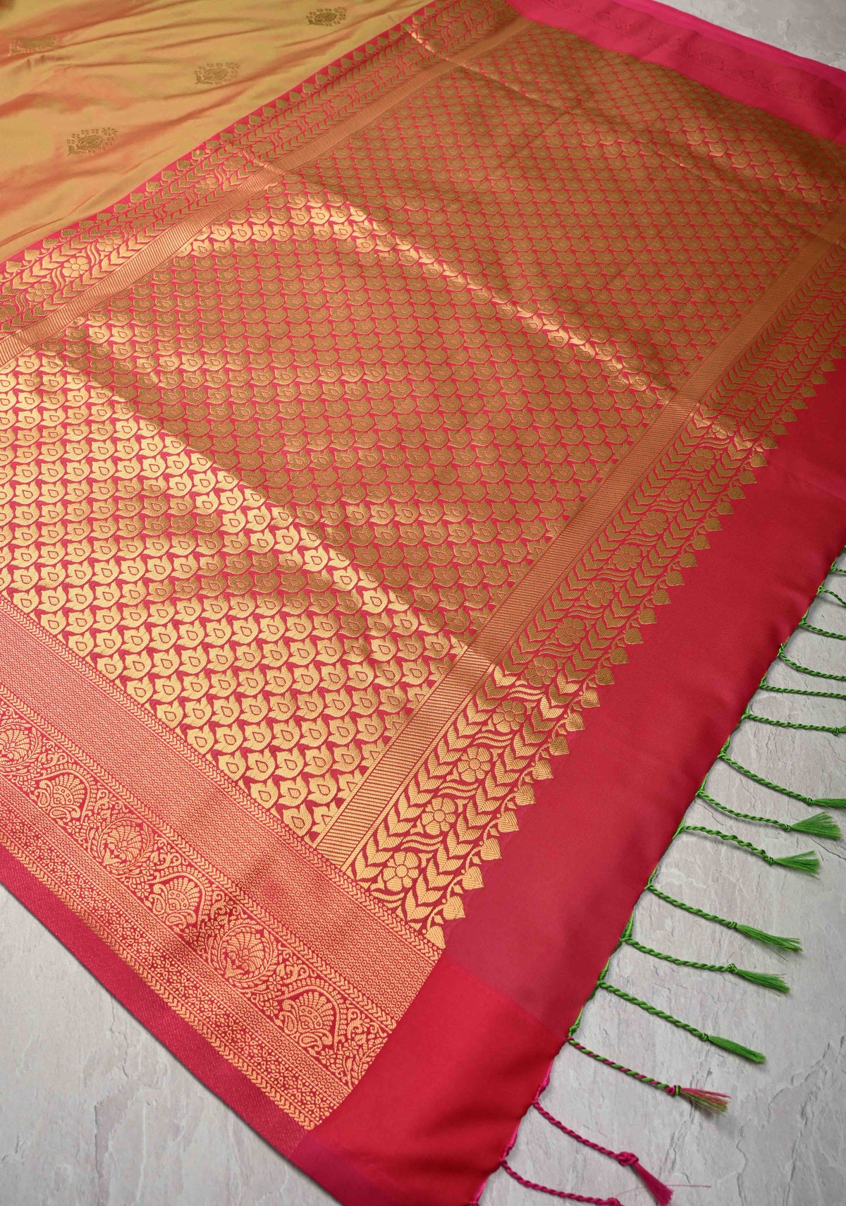 Green and Pink Dual tone  Mustard Dual tone Kanchi Semi Silk Saree with Floral Buttas and Contrast Pink Zari Border