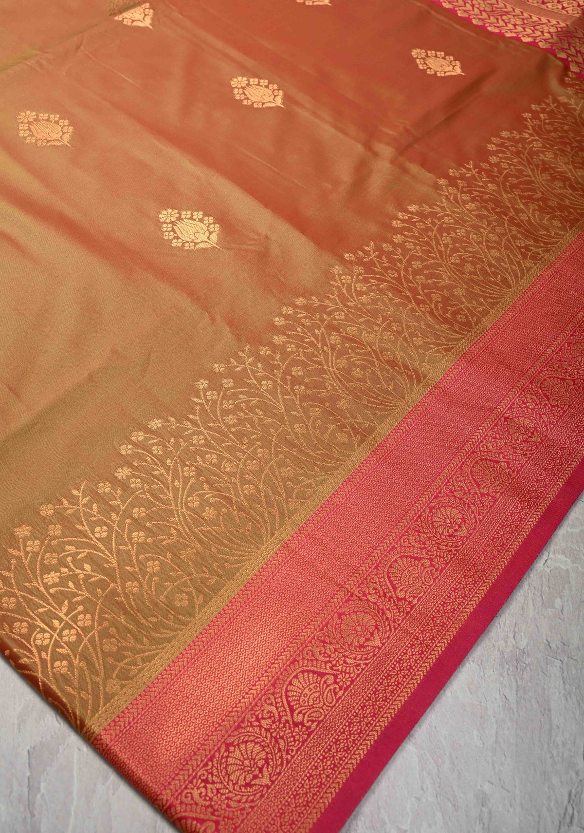 Green and Pink Dual tone  Mustard Dual tone Kanchi Semi Silk Saree with Floral Buttas and Contrast Pink Zari Border