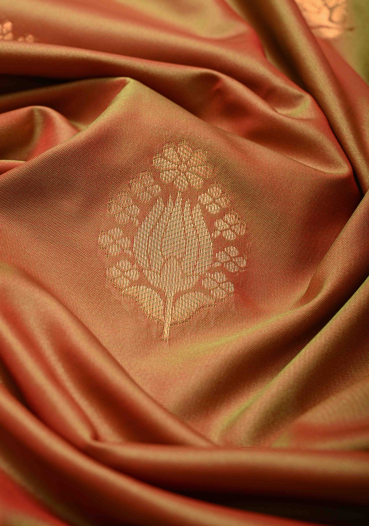 Green and Pink Dual tone  Mustard Dual tone Kanchi Semi Silk Saree with Floral Buttas and Contrast Pink Zari Border