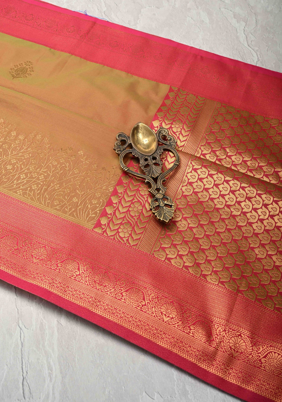 Green and Pink Dual tone  Mustard Dual tone Kanchi Semi Silk Saree with Floral Buttas and Contrast Pink Zari Border
