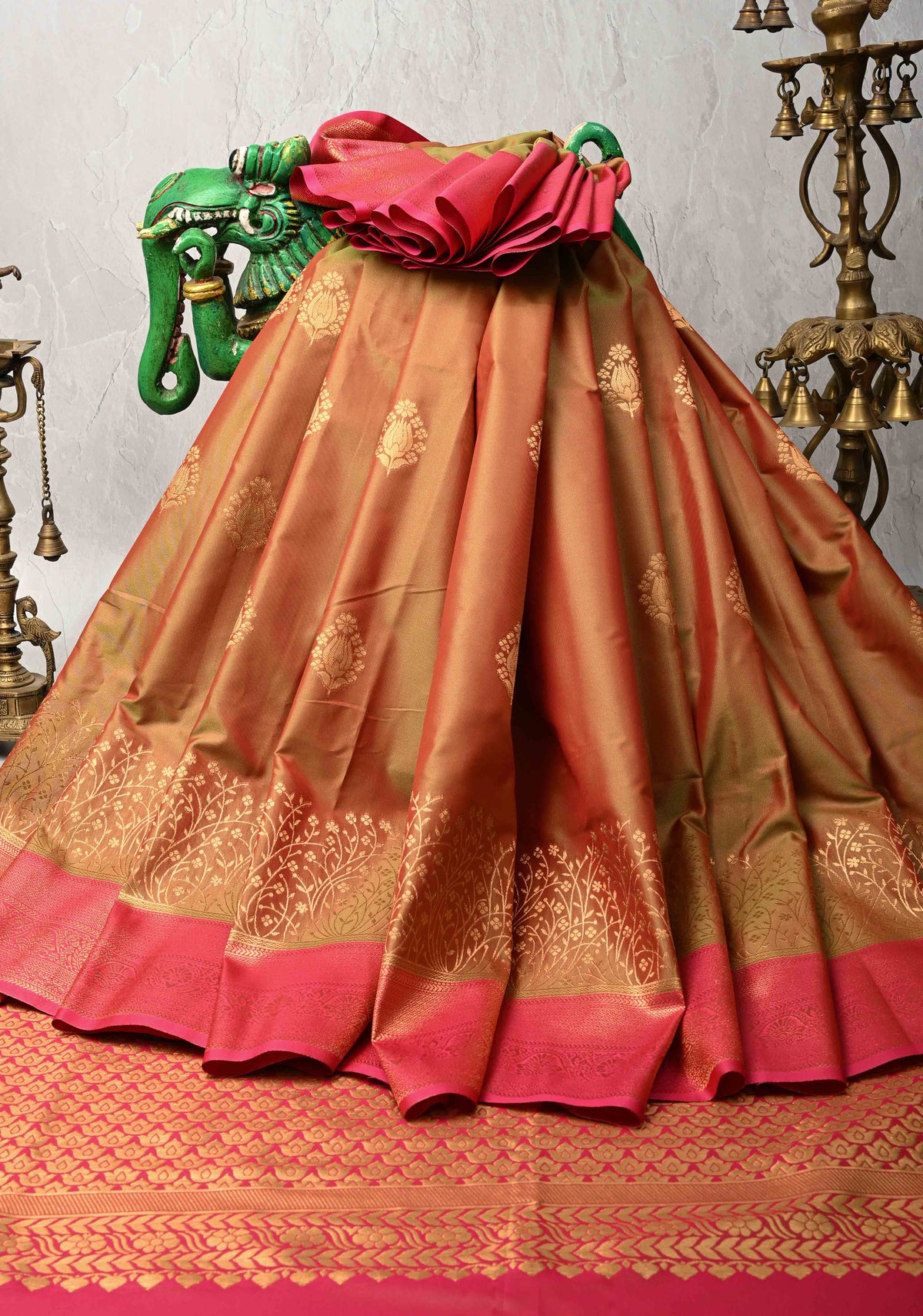 Green and Pink Dual tone  Mustard Dual tone Kanchi Semi Silk Saree with Floral Buttas and Contrast Pink Zari Border