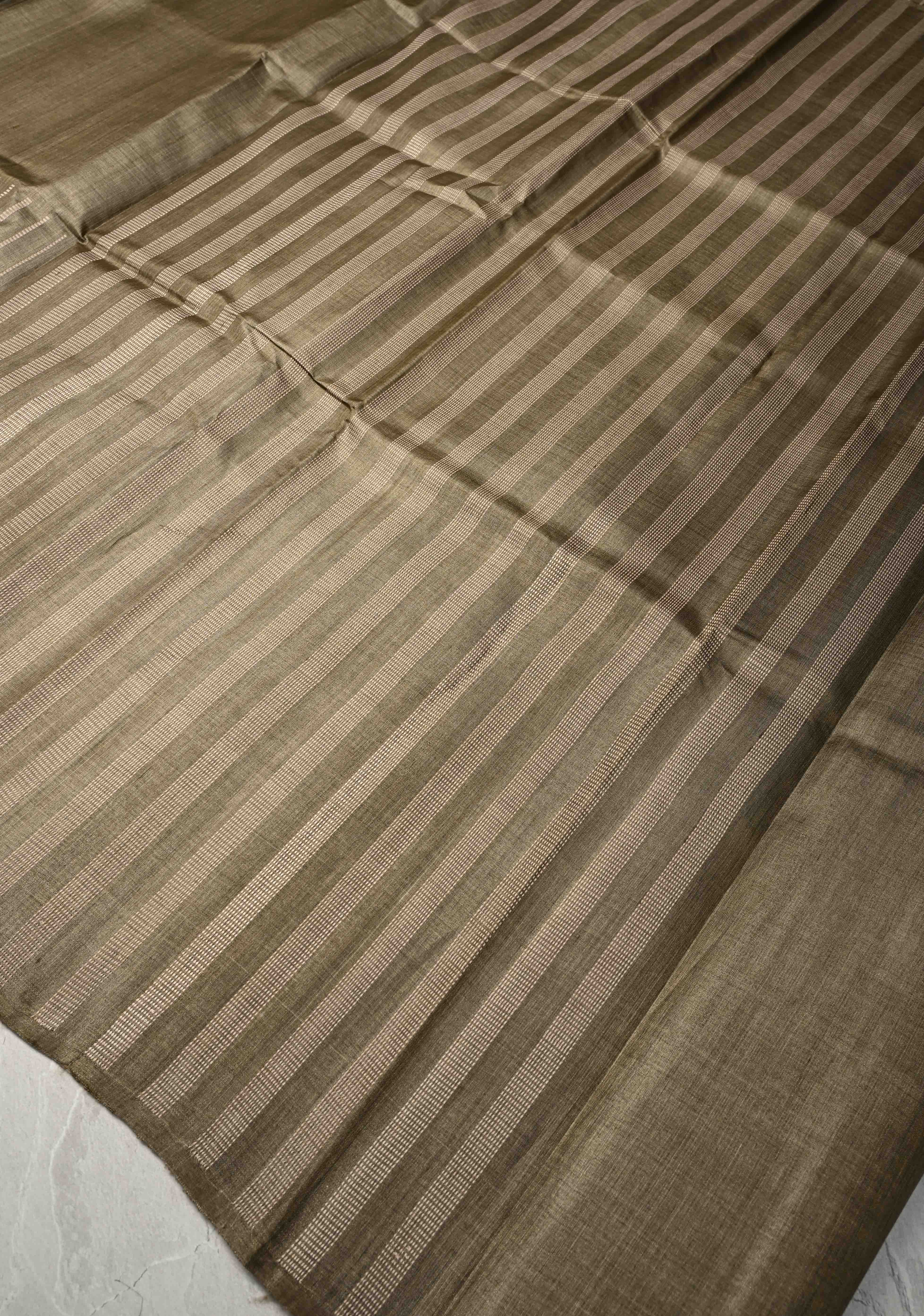 Wood Brown Tussar Silk saree with Vertical Resham Stripes on Border | SILK MARK CERTIFIED | Shobitam