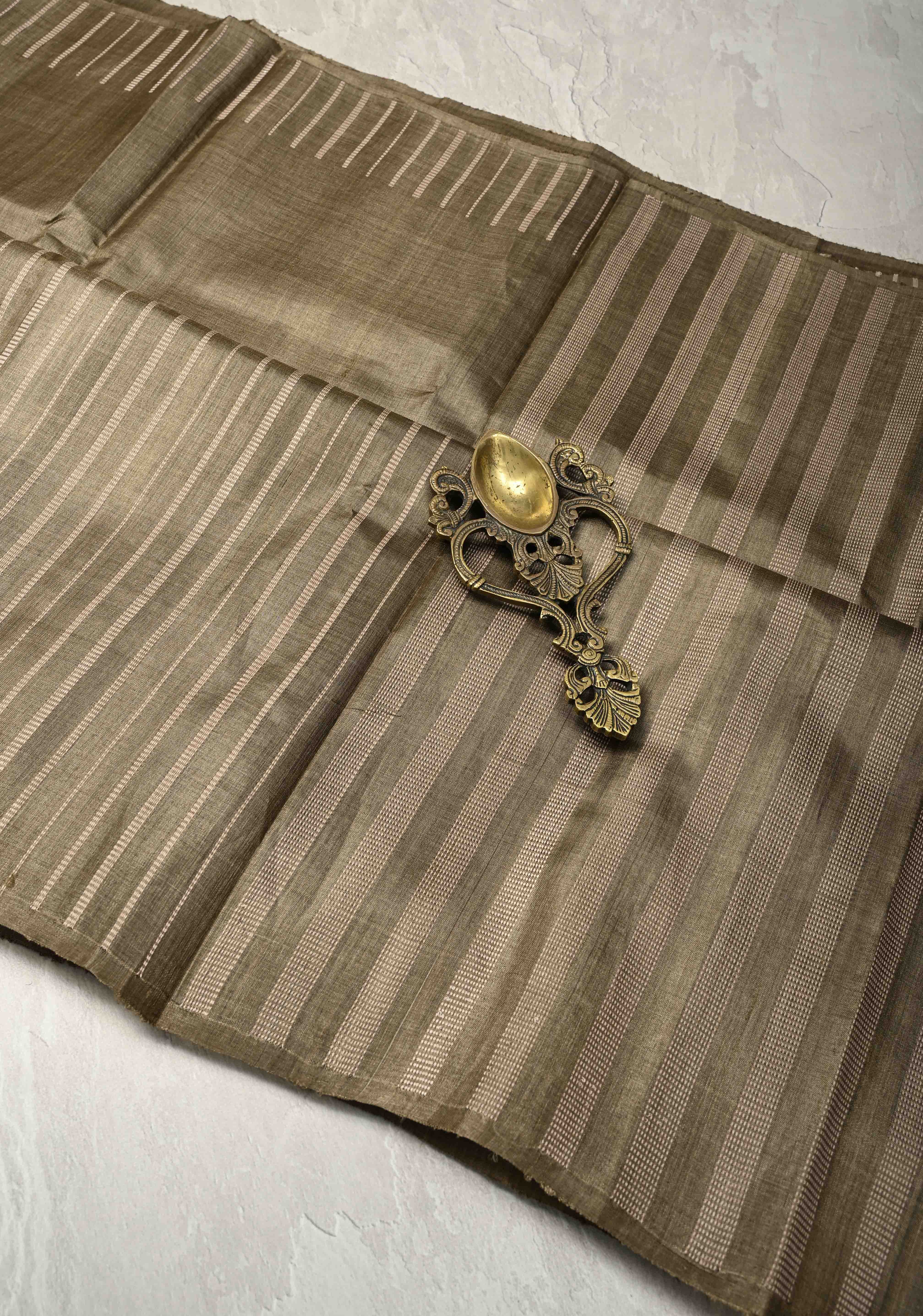 Wood Brown Tussar Silk saree with Vertical Resham Stripes on Border | SILK MARK CERTIFIED | Shobitam