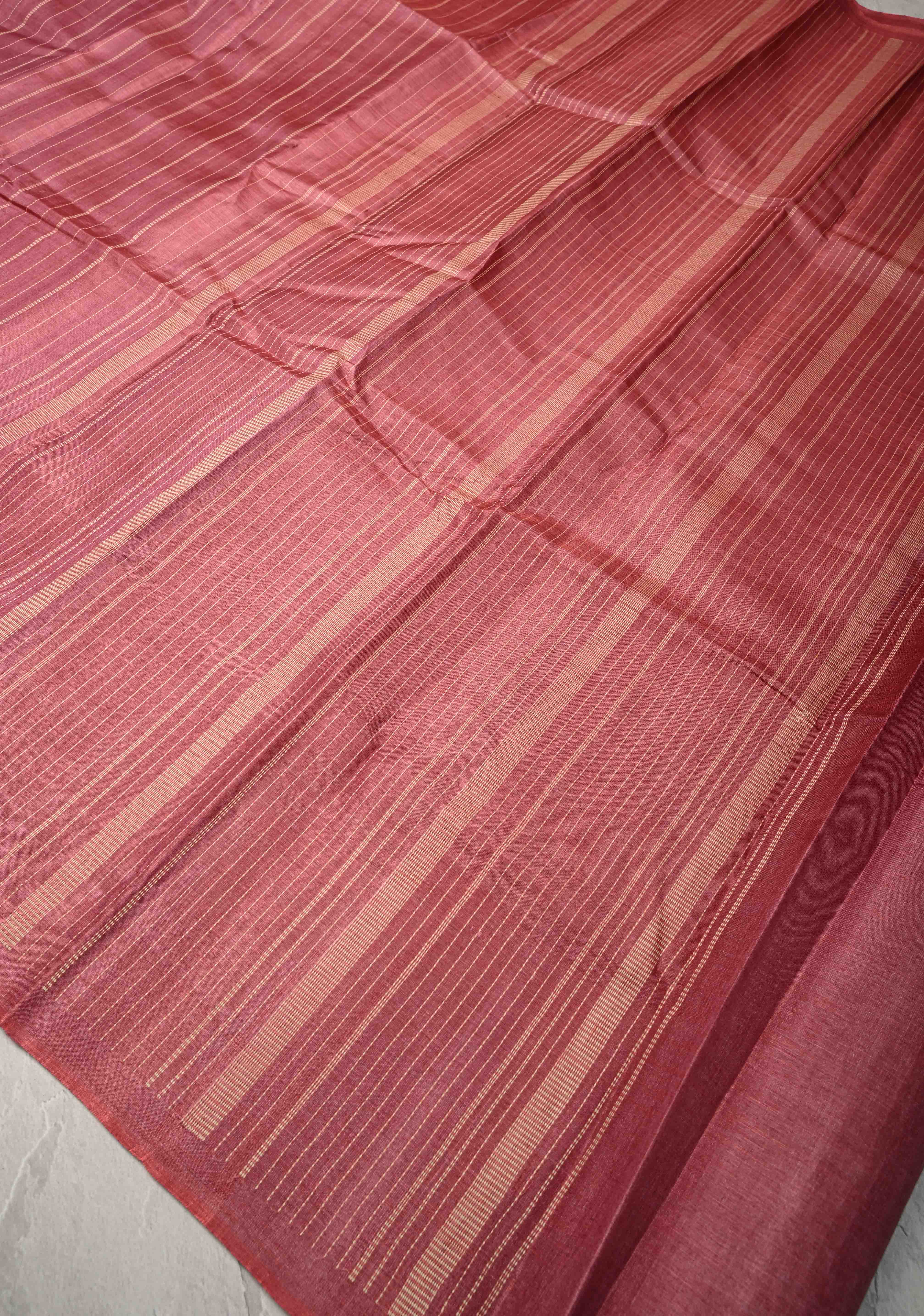 Dark Rose Borderless Tussar Silk saree with Resham Vertical Stripes  | SILK MARK CERTIFIED | Shobitam