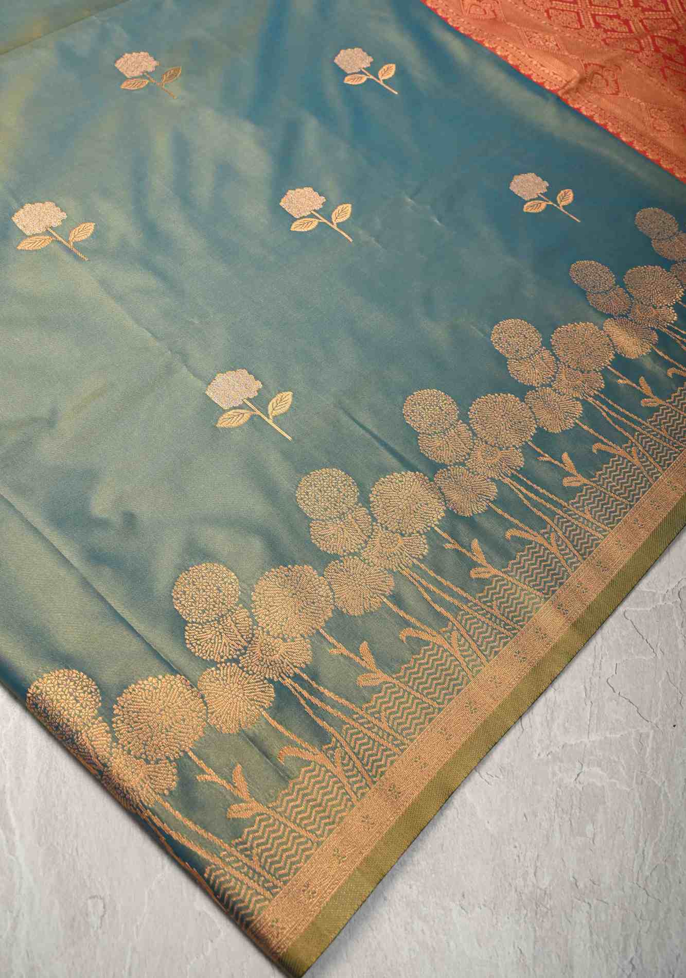 Blue Dual tone Kanchi Semi Silk Saree with Alfi Floral Buttas and Zari Border Pre stitch saree