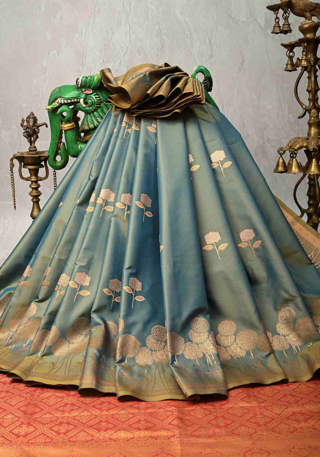 Blue Dual tone Kanchi Semi Silk Saree with Alfi Floral Buttas and Zari Border Pre stitch saree