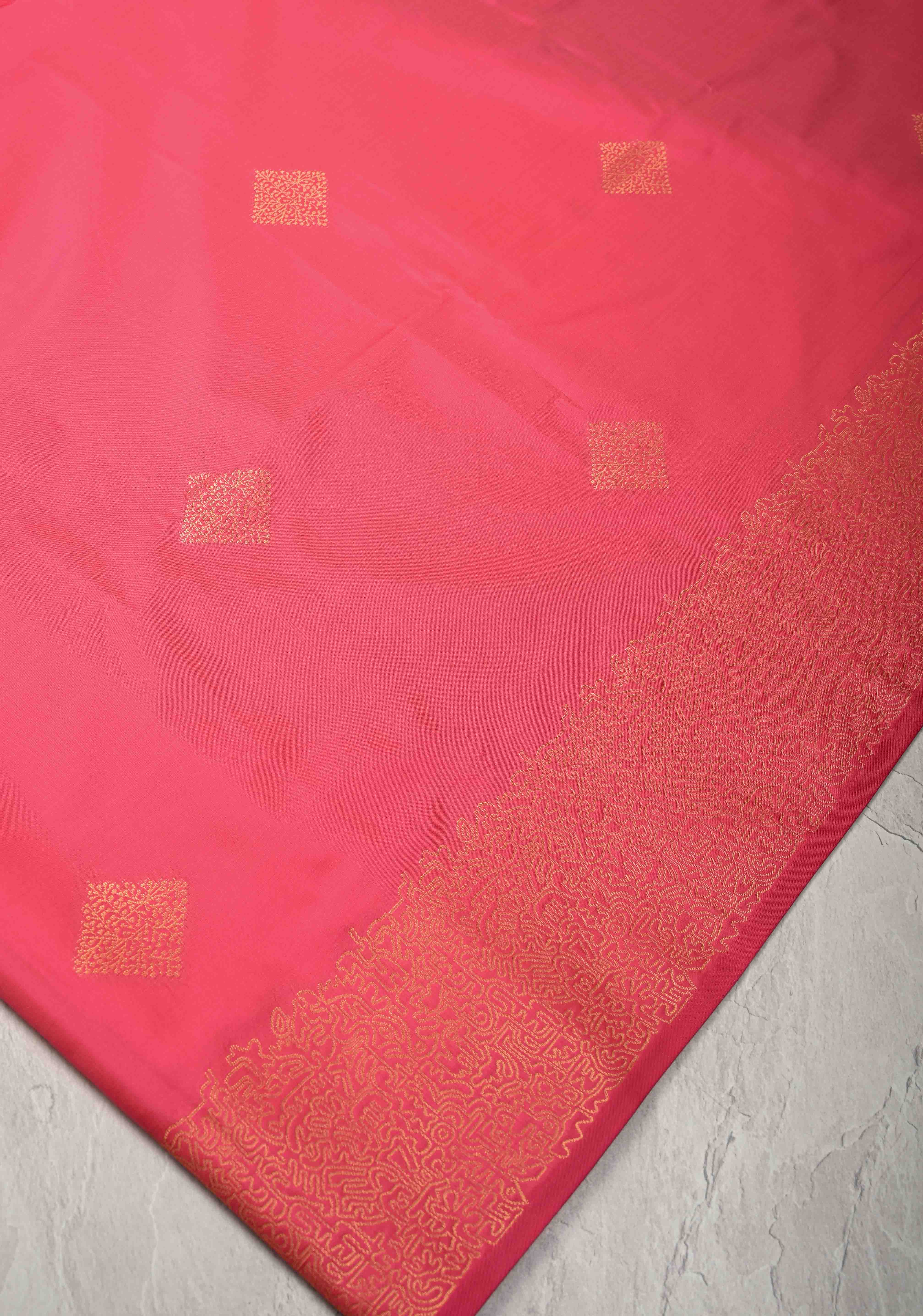 French Rose Kanchi Semi Silk Saree with Geometric Buttas and Abstract Zari Border | Shobitam