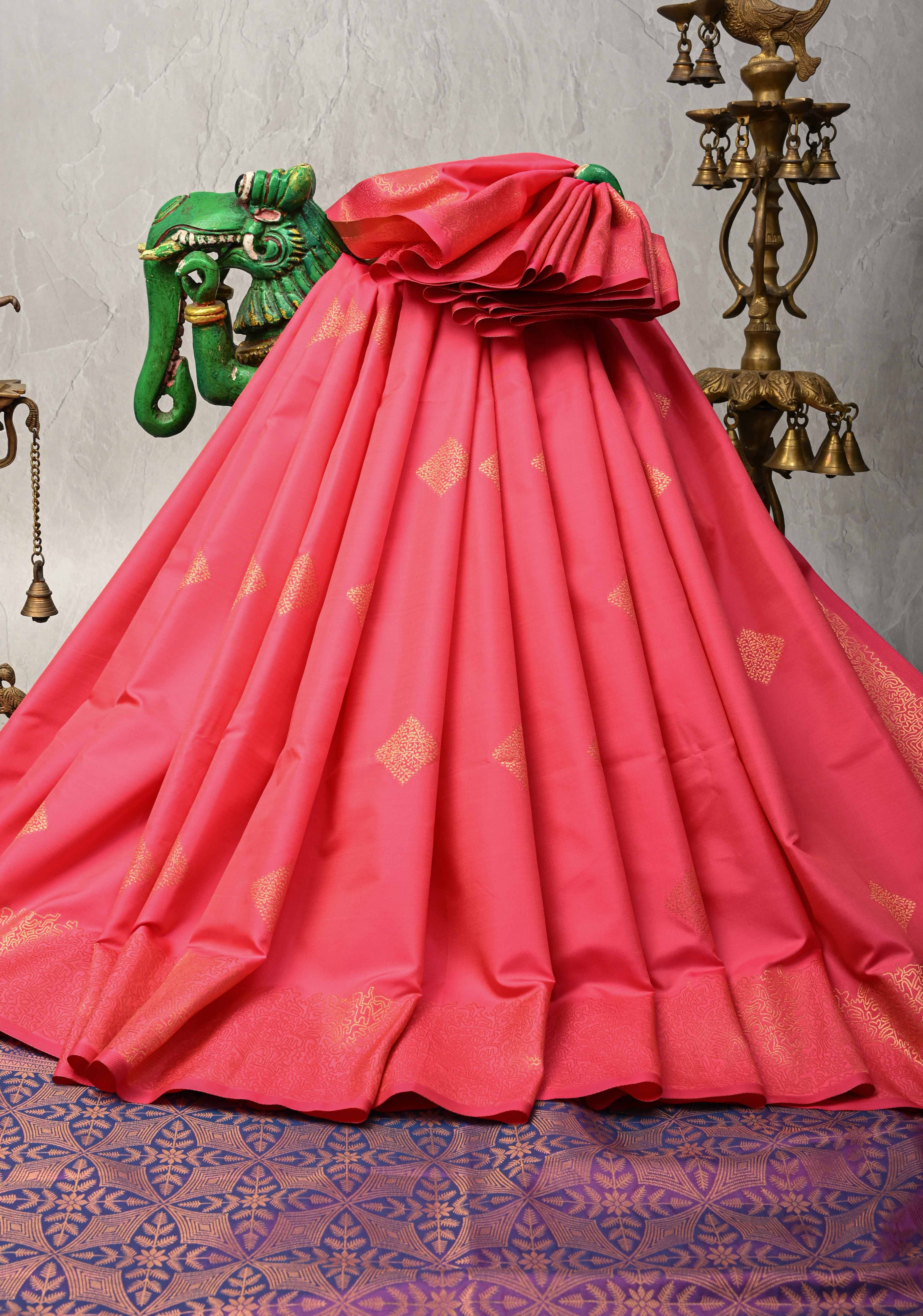 French Rose Kanchi Semi Silk Saree with Geometric Buttas and Abstract Zari Border | Shobitam