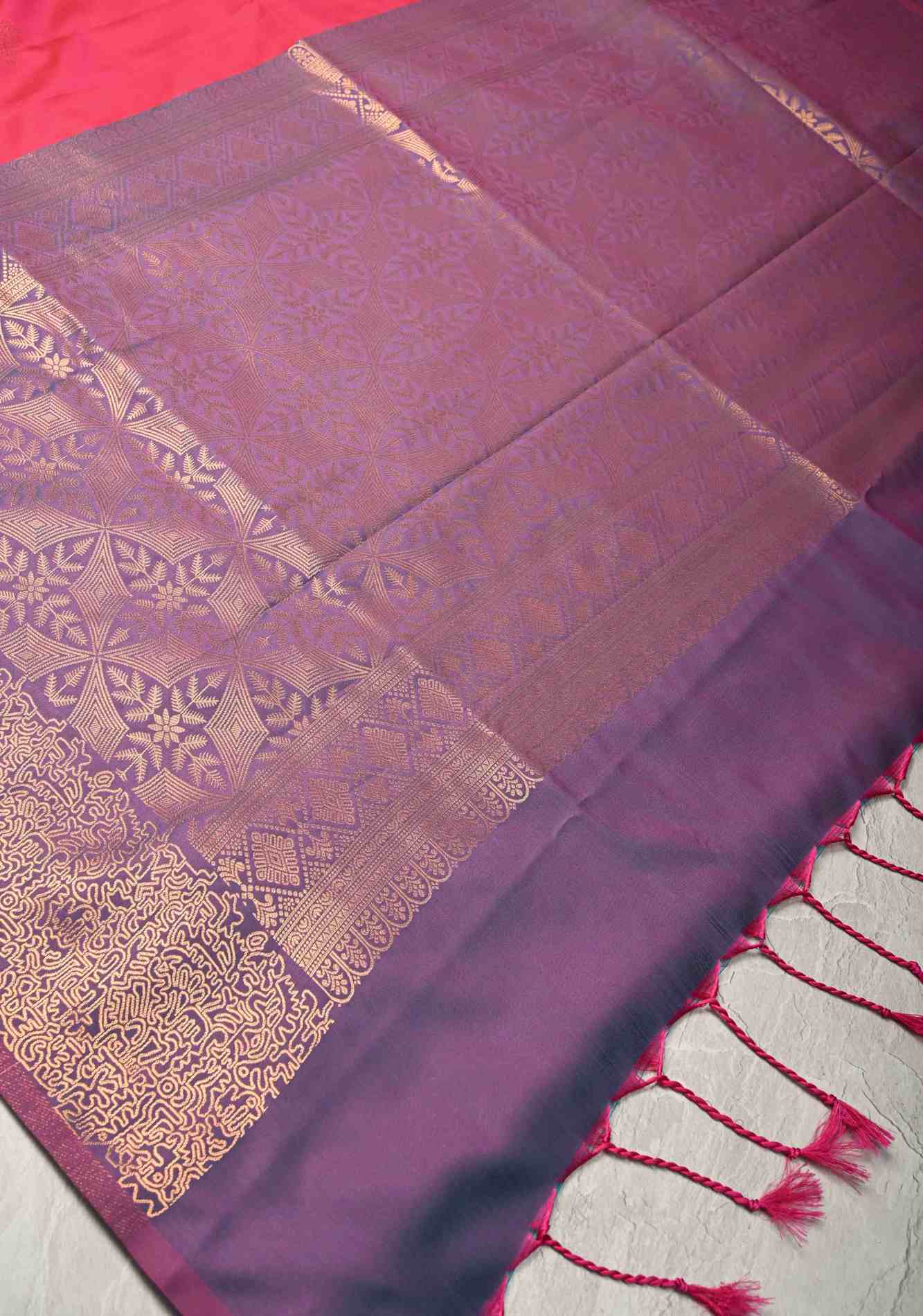 Hot Pink Kanchi Semi Silk Saree with Geometric Buttas and Abstract Zari Border Pre stitch saree