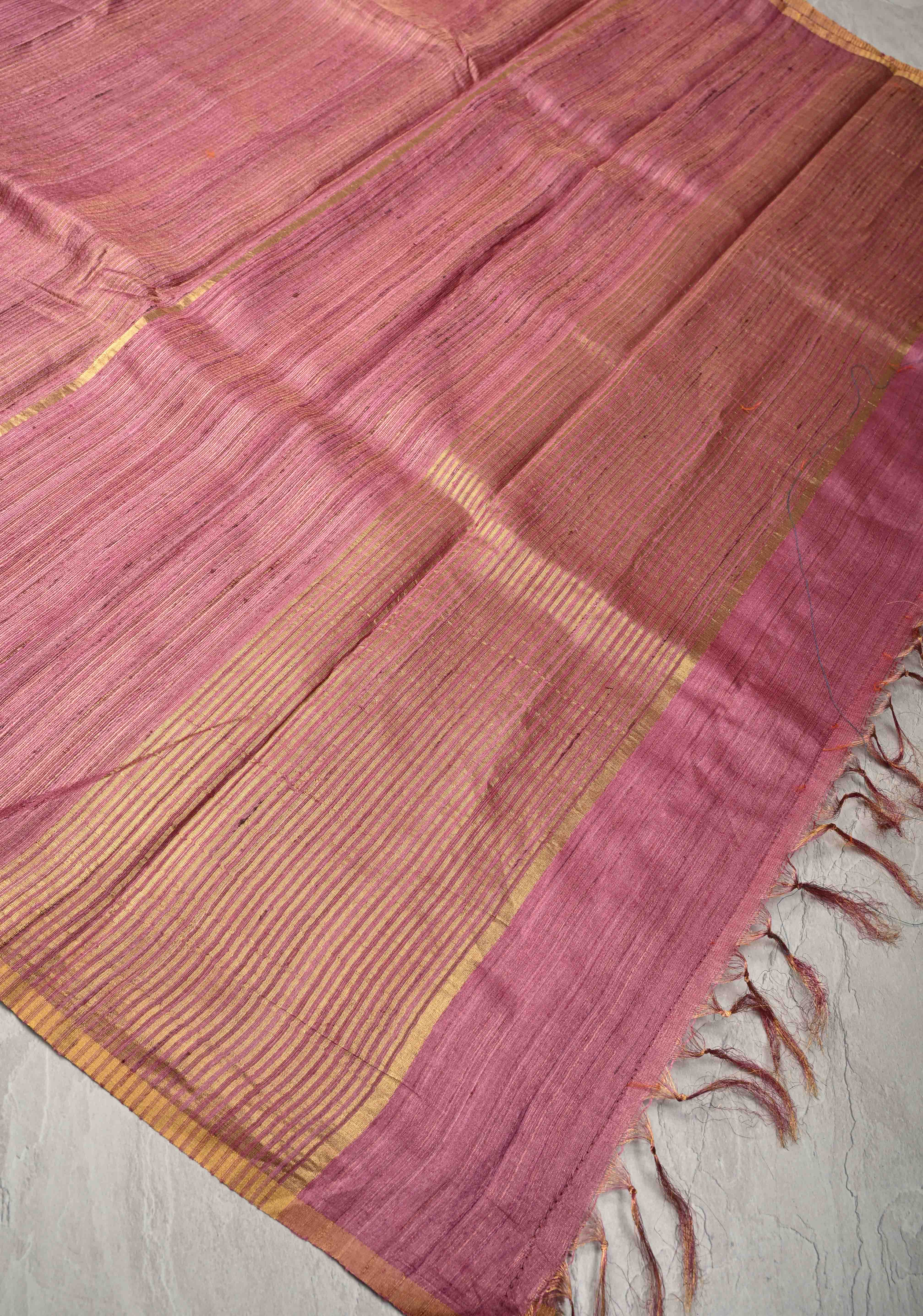 Rose Pink Geecha Tussar tissue Saree with Minimal Zari Border | SILK MARK CERTIFIED | Shobitam