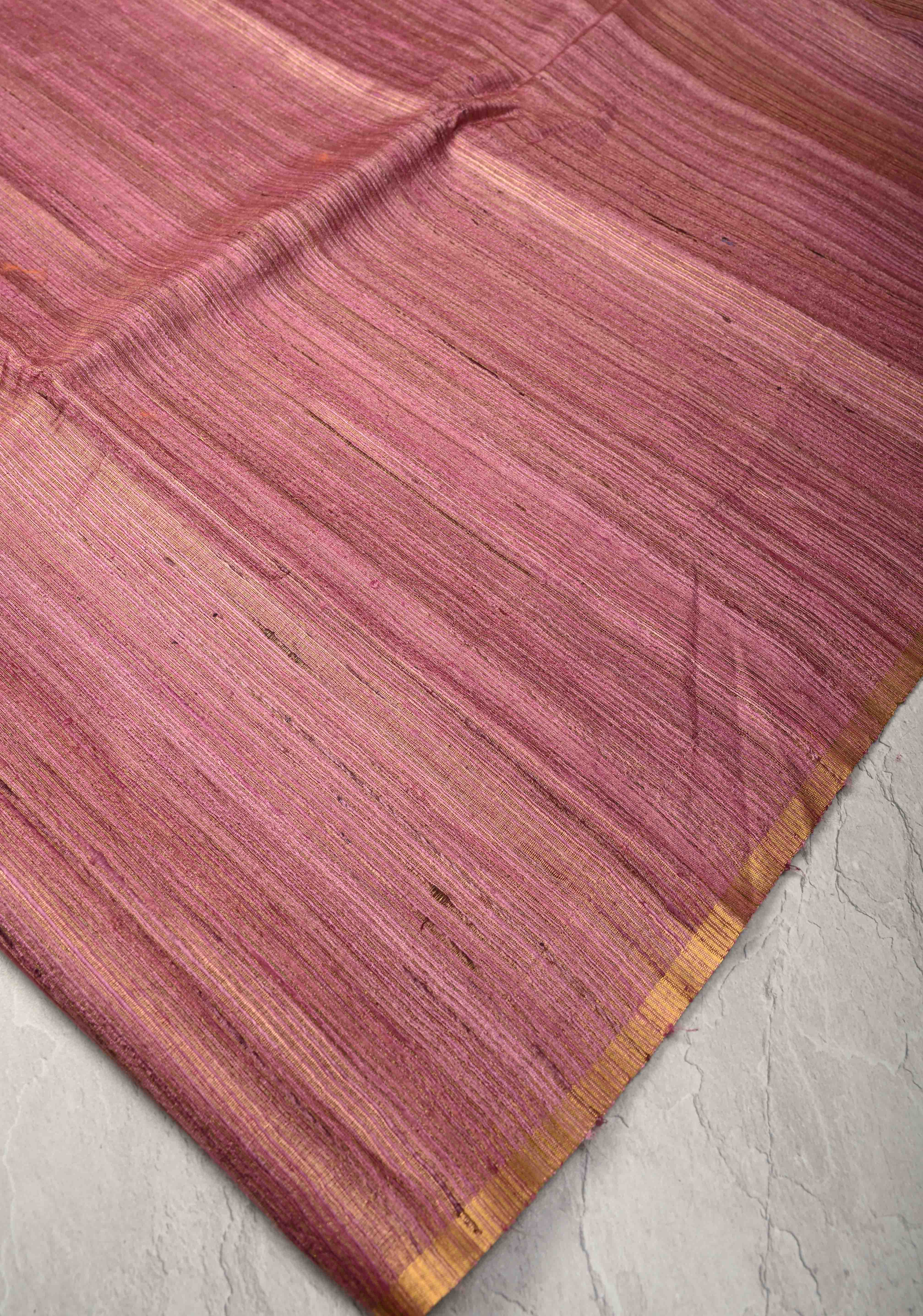 Rose Pink Geecha Tussar tissue Saree with Minimal Zari Border | SILK MARK CERTIFIED | Shobitam