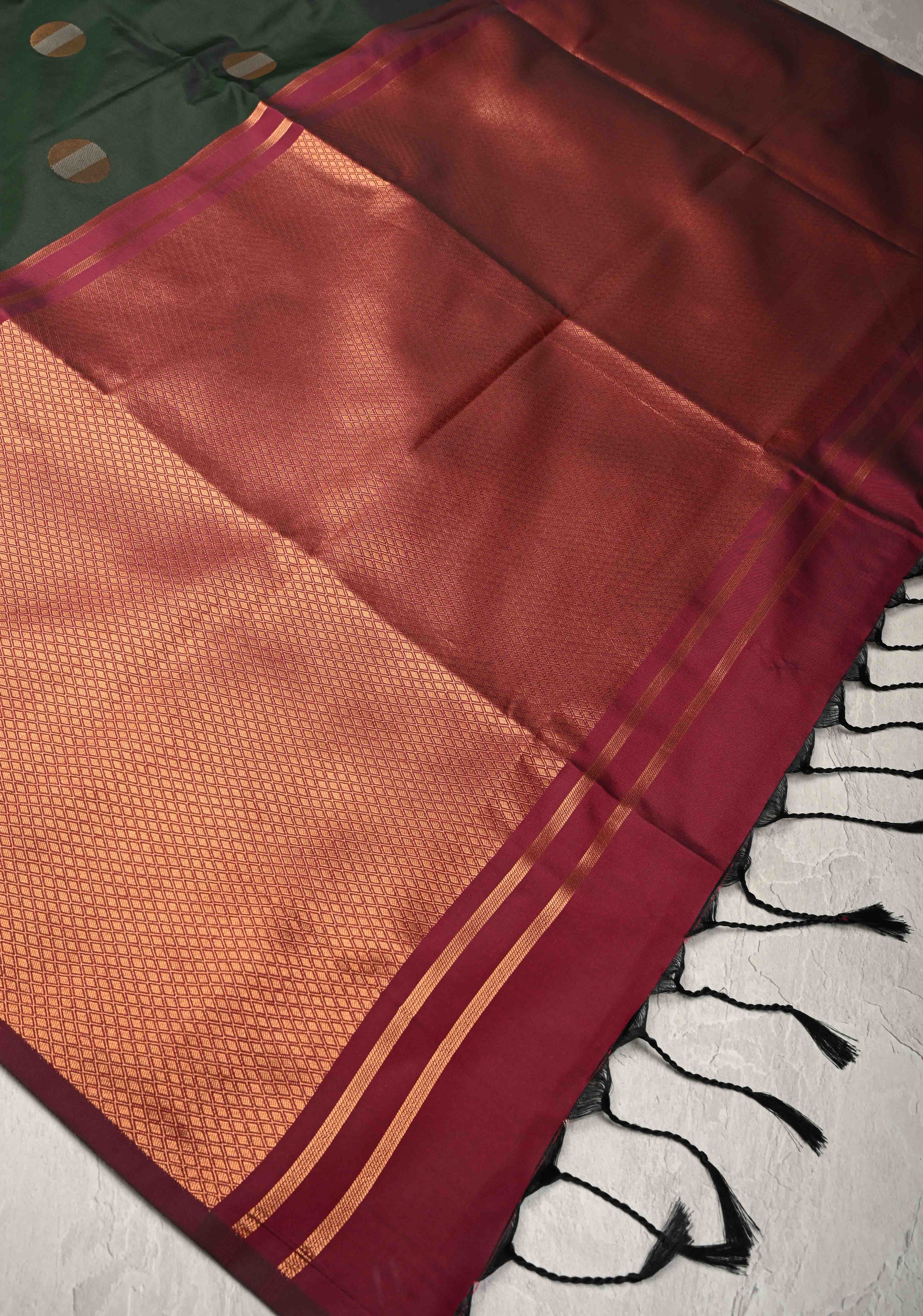 Dark Green Kanchi Semi Silk Saree with Gold silver Zari Buttas and Border Less | Shobitam